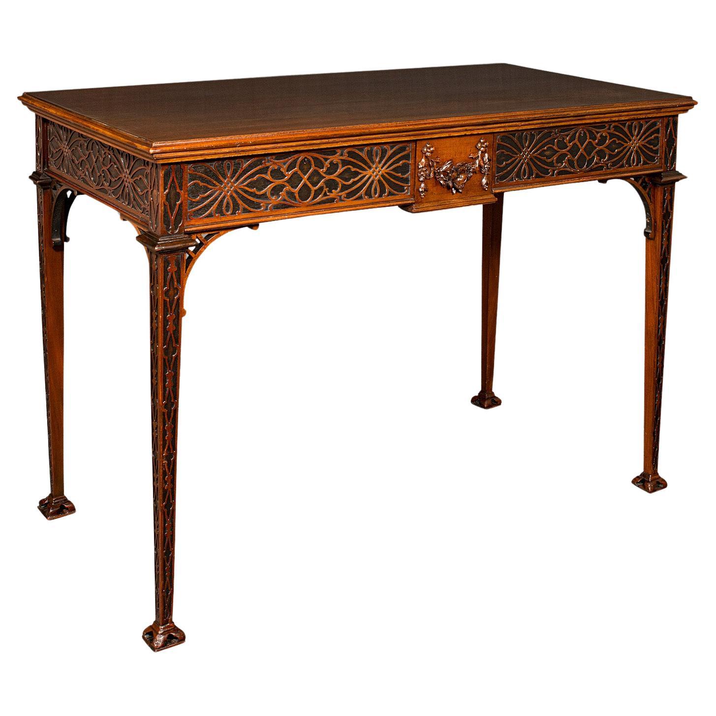 Ancienne table néo- Chippendale, anglaise, console, écriture, hall, édouardienne