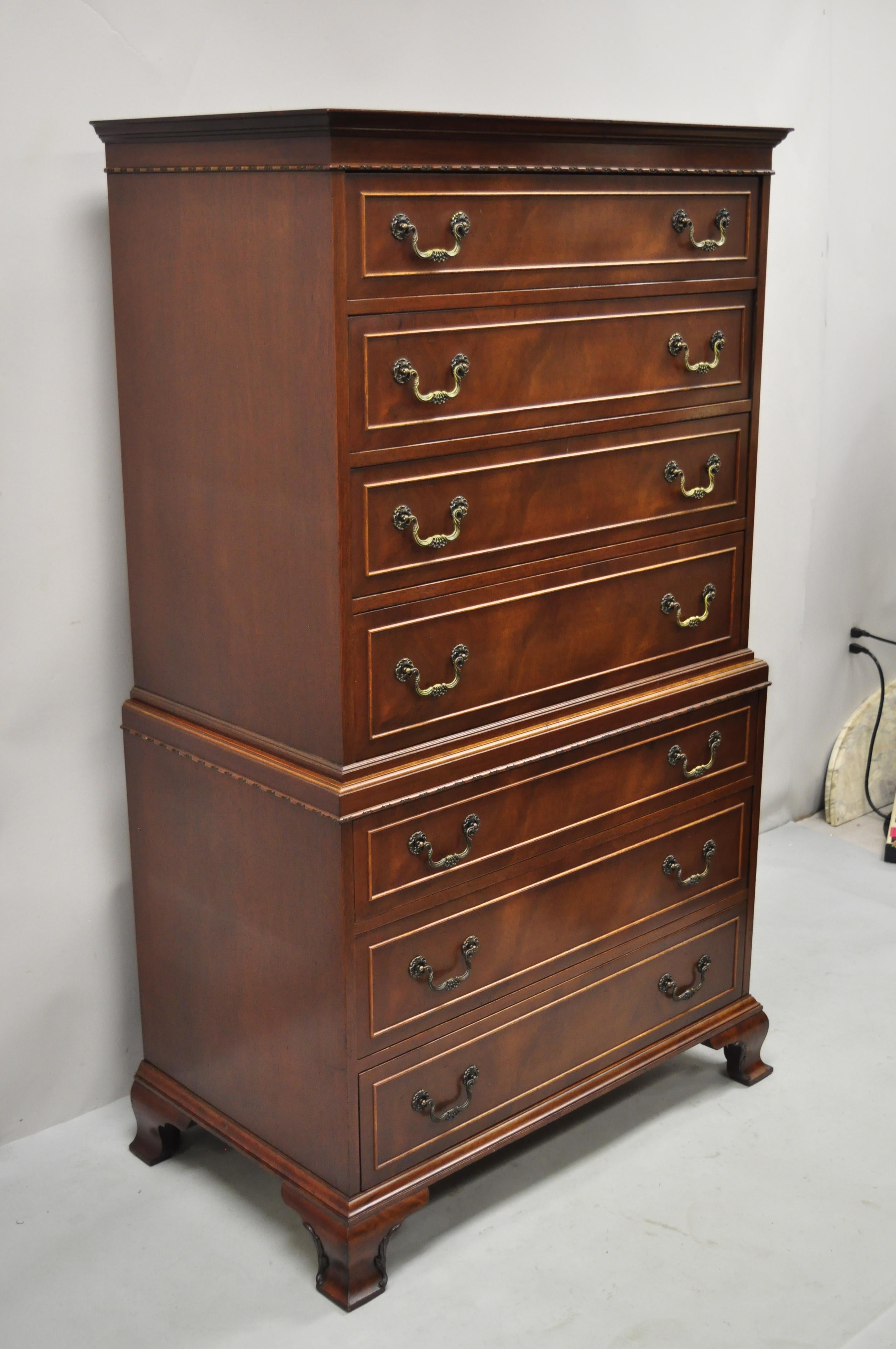 Antique Chippendale Regency mahogany chest on chest 7 drawer tall chest dresser. Item features beautiful wood grain, nicely carved details, original stamp, 7 dovetailed drawers, solid brass hardware, very nice antique item, quality American