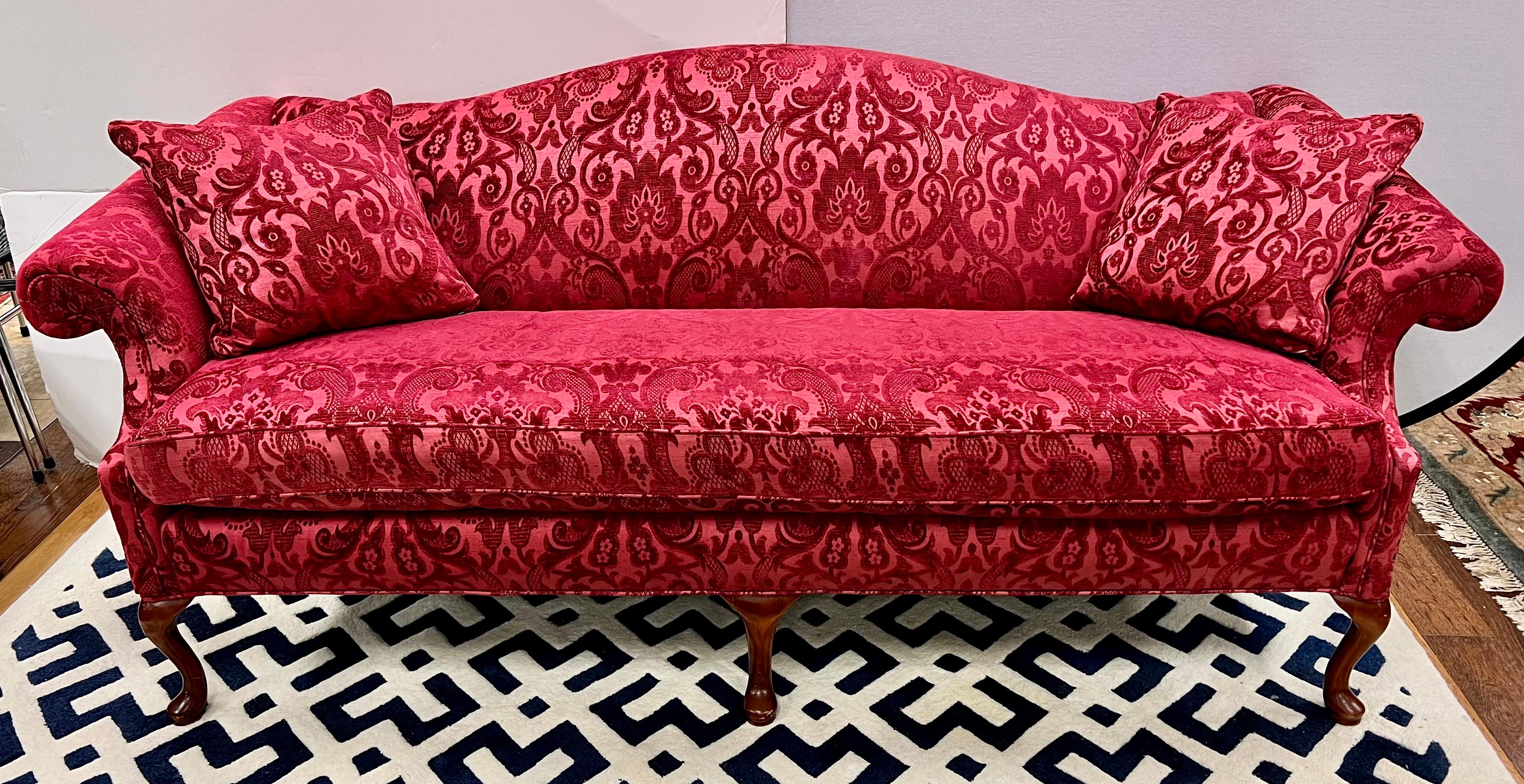 Antique Chippendale Settee Sofa with Fortuny Red Velvet Upholstery In Good Condition In West Hartford, CT