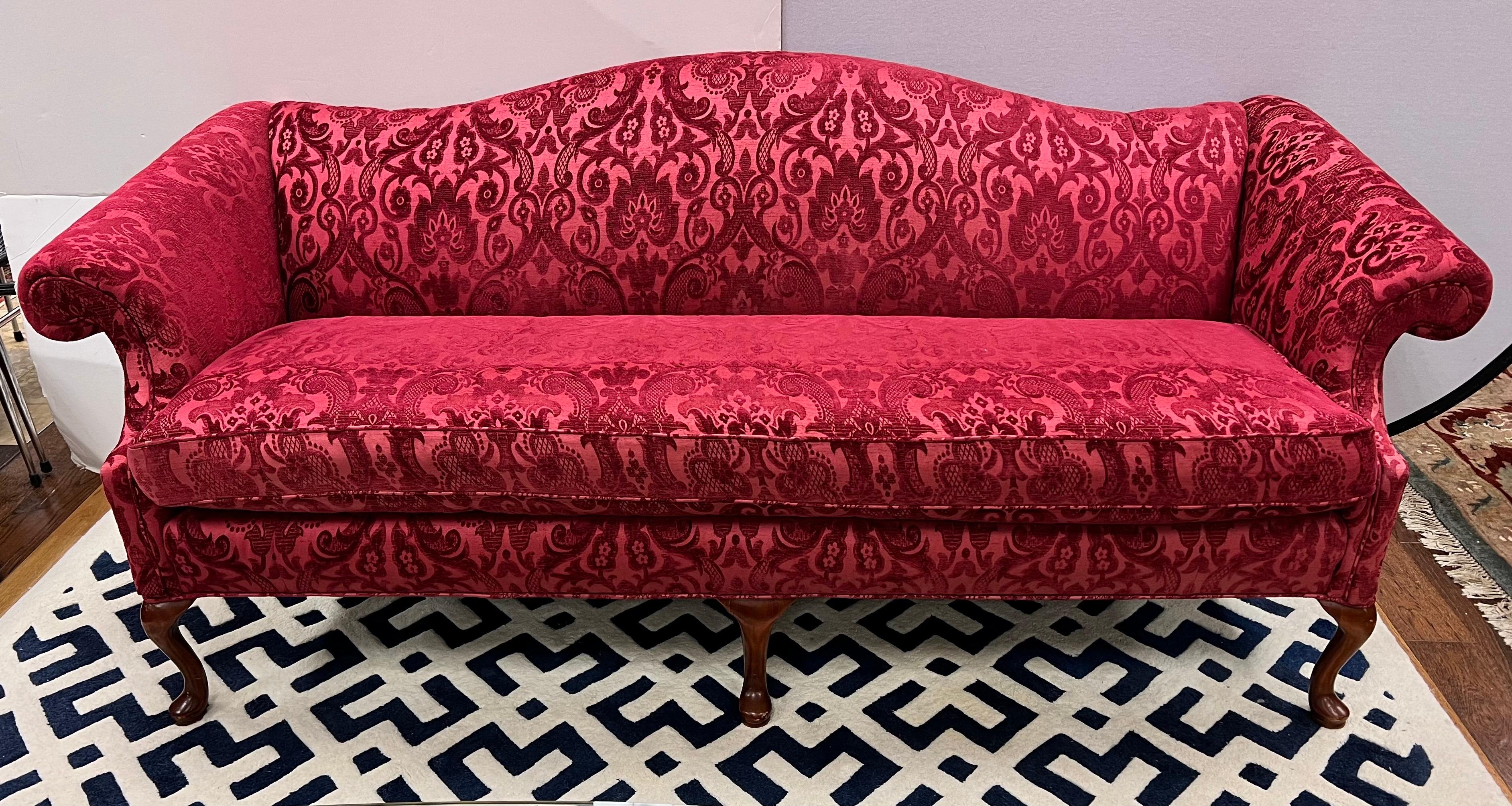 20th Century Antique Chippendale Settee Sofa with Fortuny Red Velvet Upholstery