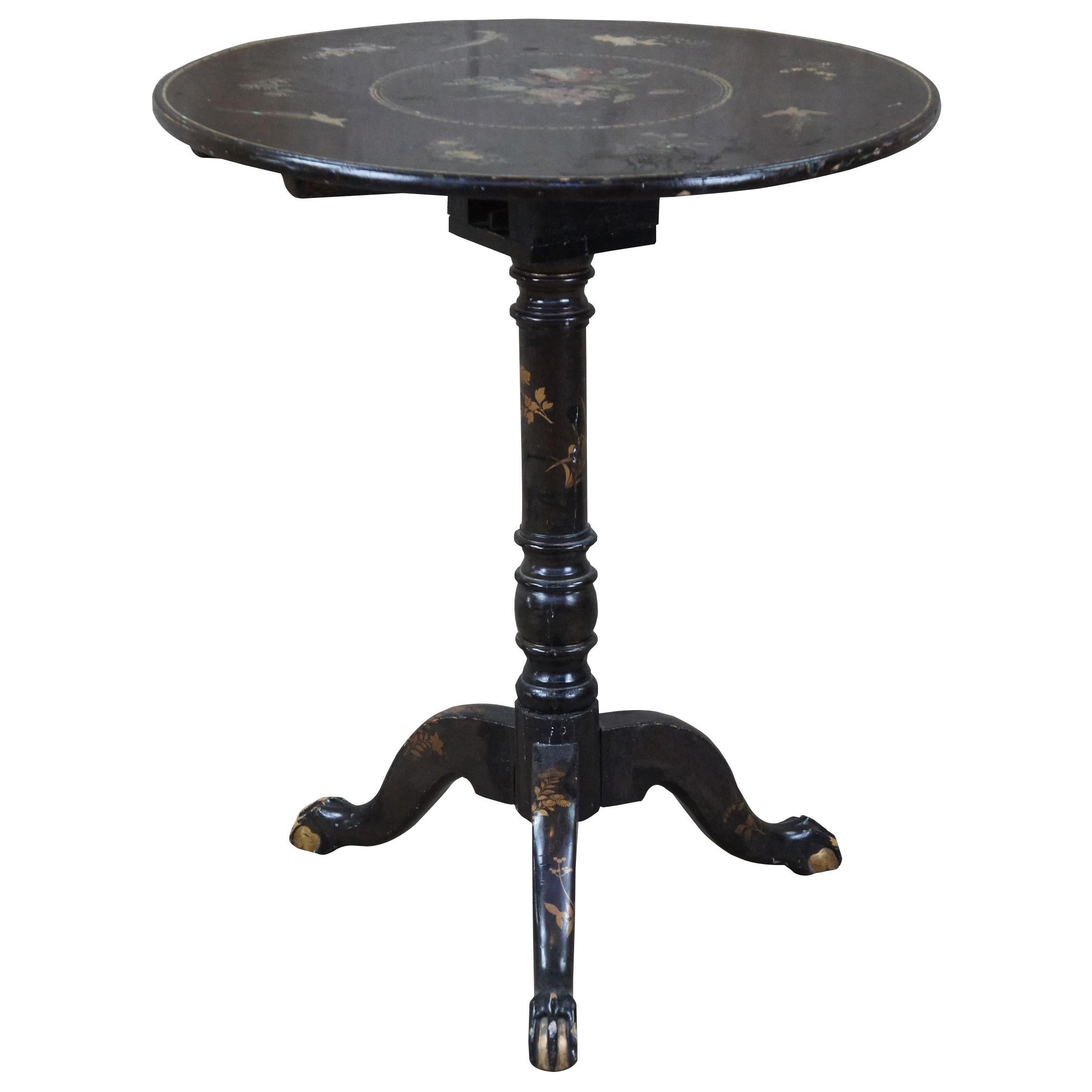 Antique Chippendale Style Black Lacquer MOP & Jade Inlaid Tea Table Chinoiserie For Sale