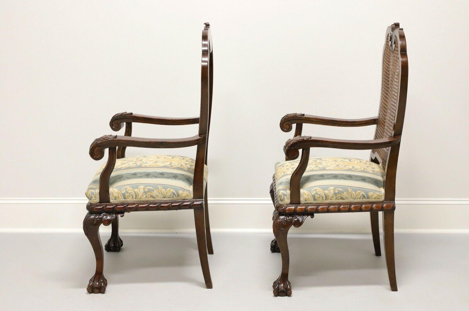 Fabric Antique Chippendale Style Carved Cane Back Open Armchairs - Pair