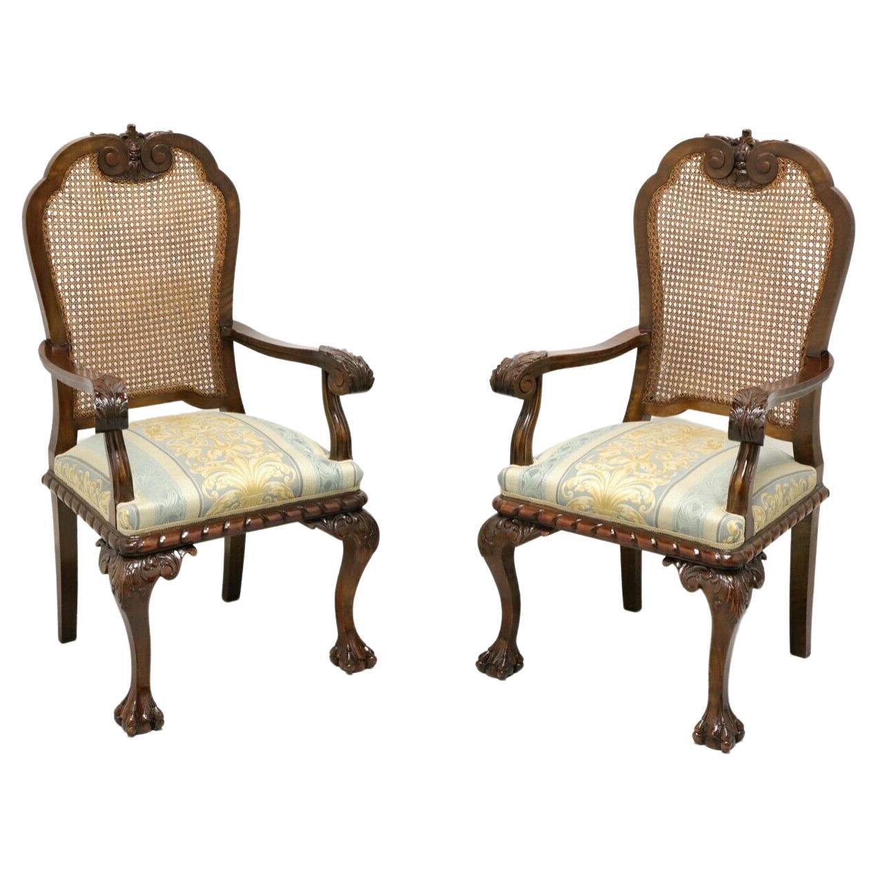 Antique Chippendale Style Carved Cane Back Open Armchairs - Pair