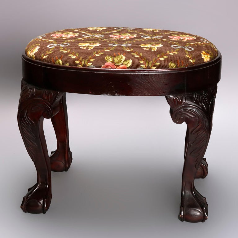 Chippendale Style Carved Mahogany and Floral Needlepoint Ottoman, circa