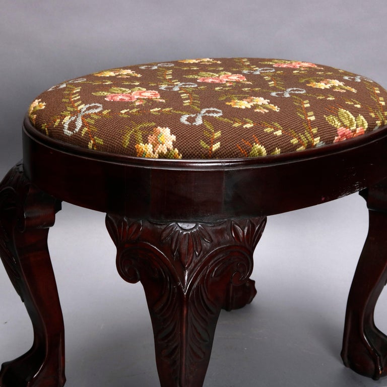 Chippendale Style Carved Mahogany and Floral Needlepoint Ottoman, circa