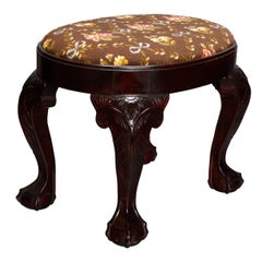 Vintage Chippendale Style Carved Mahogany and Floral Needlepoint Ottoman, circa 1910