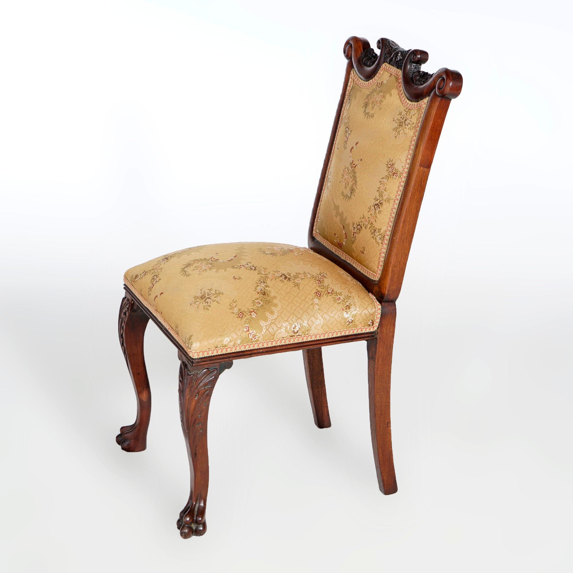 Antique Chippendale Style Carved Mahogany & Upholstered Side Chair 19th C In Good Condition In Big Flats, NY