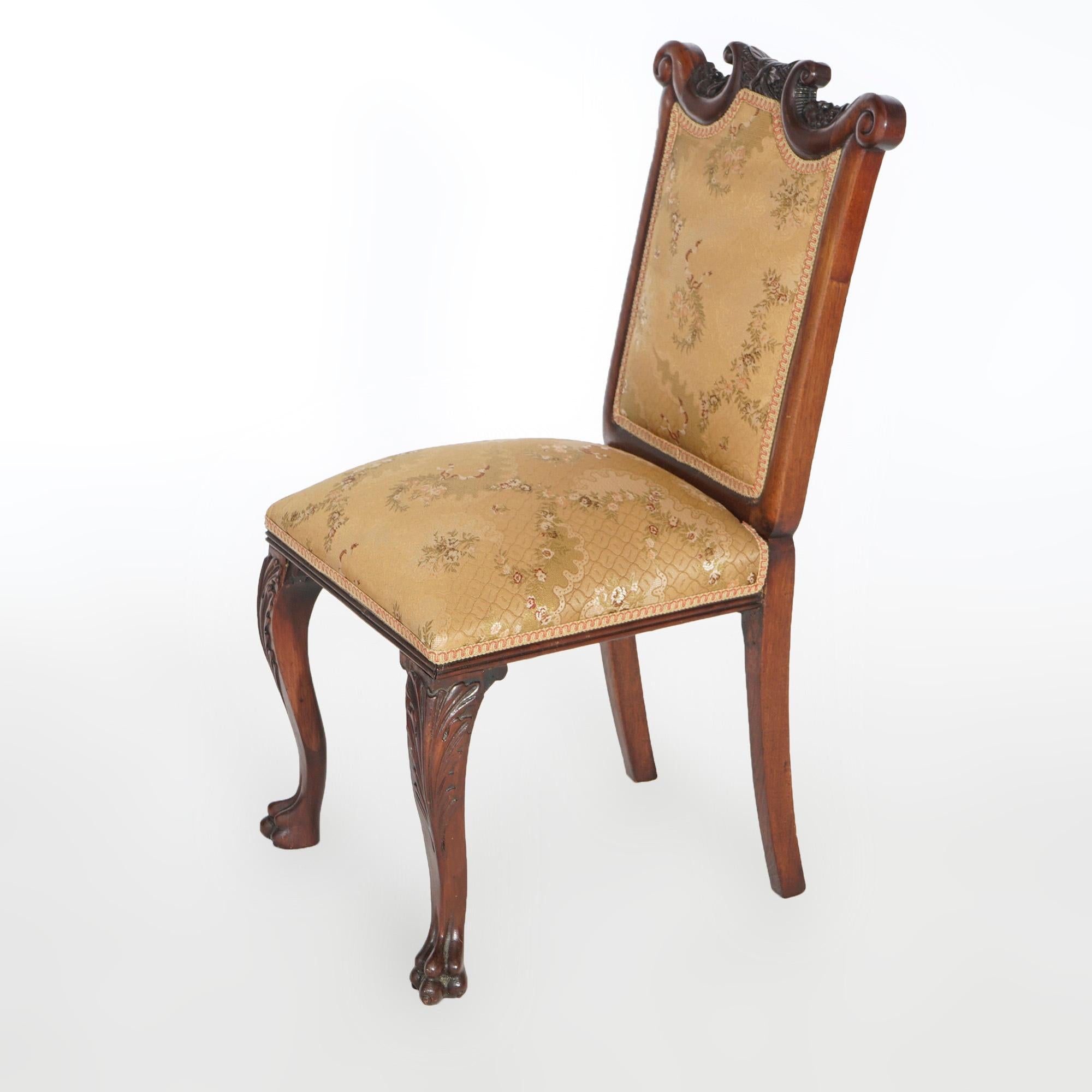 19th Century Antique Chippendale Style Carved Mahogany & Upholstered Side Chair 19th C