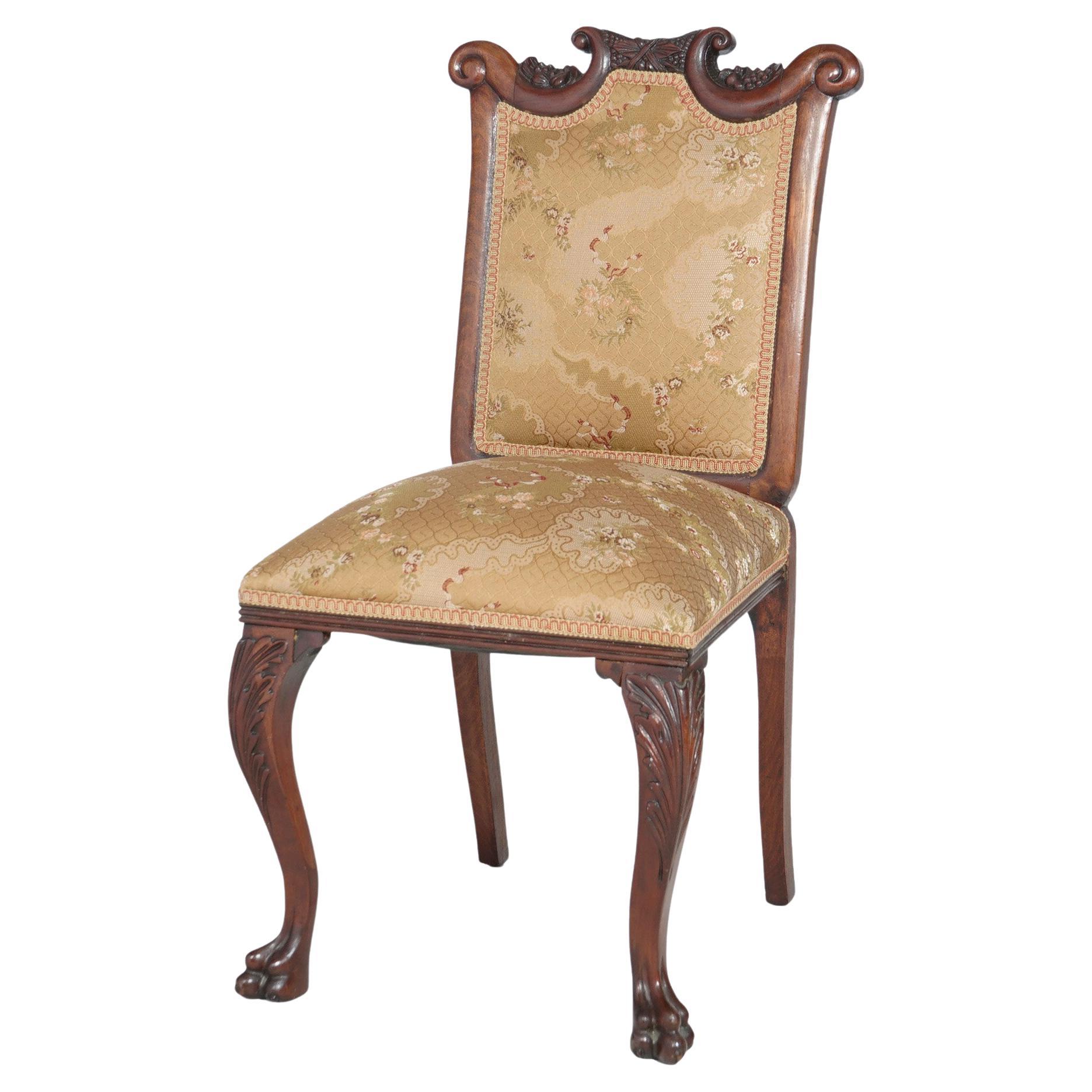 Antique Chippendale Style Carved Mahogany & Upholstered Side Chair 19th C