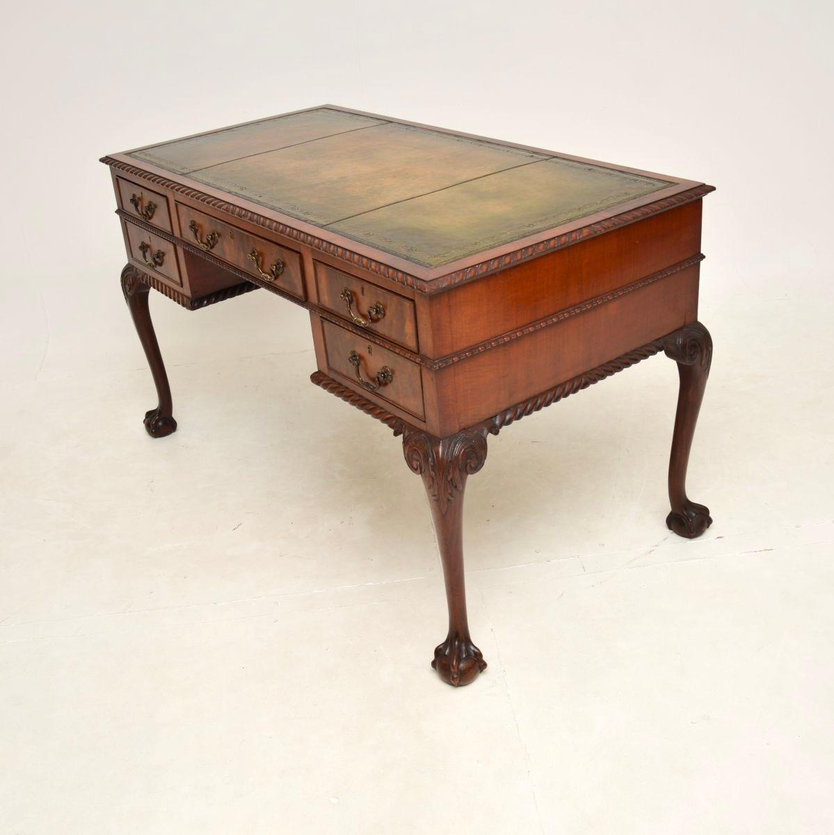 British Antique Chippendale Style Leather Top Desk For Sale