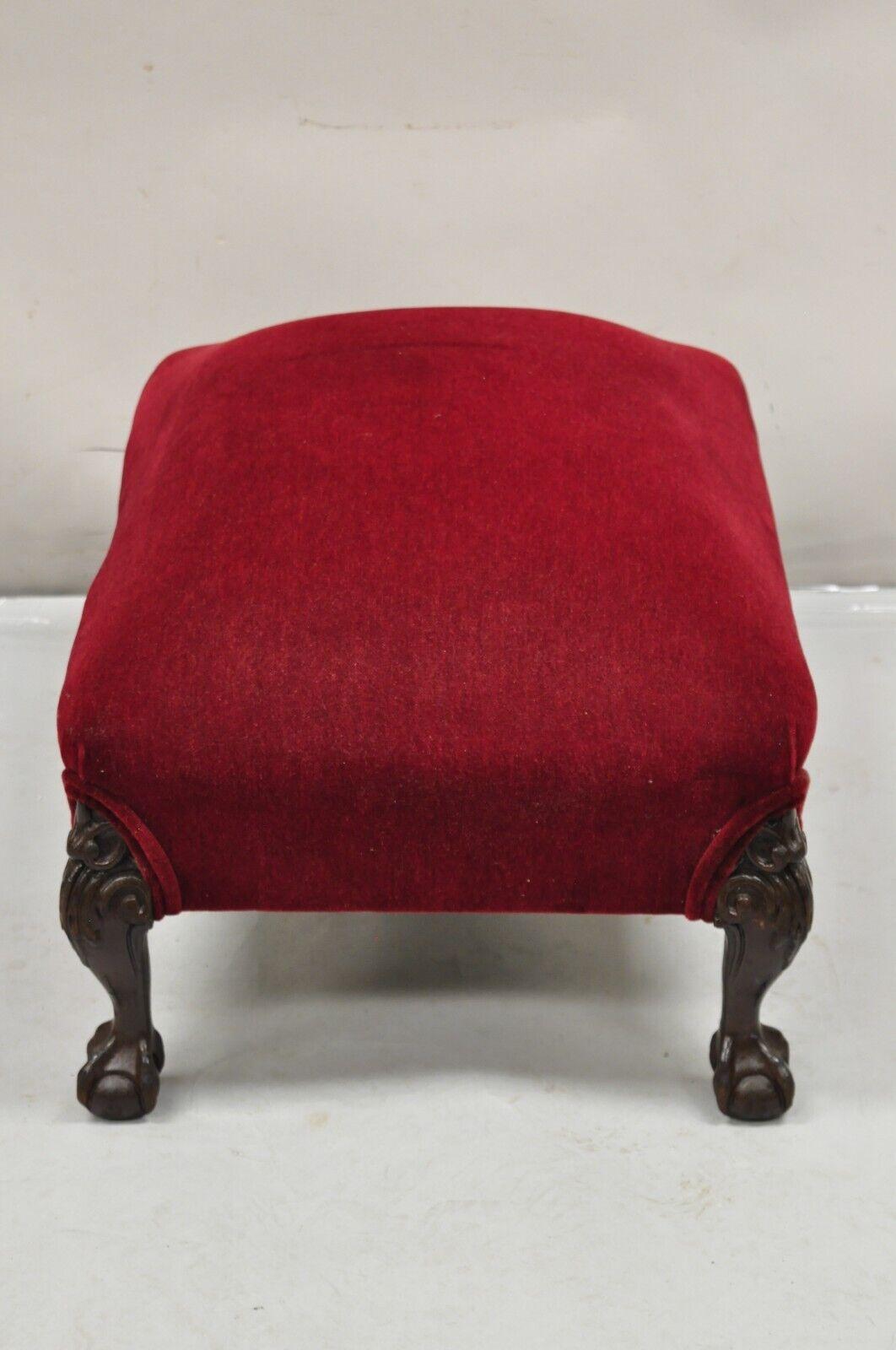 Antique Chippendale Style Mahogany Ball and Claw Carved Red Footstool Ottoman 5