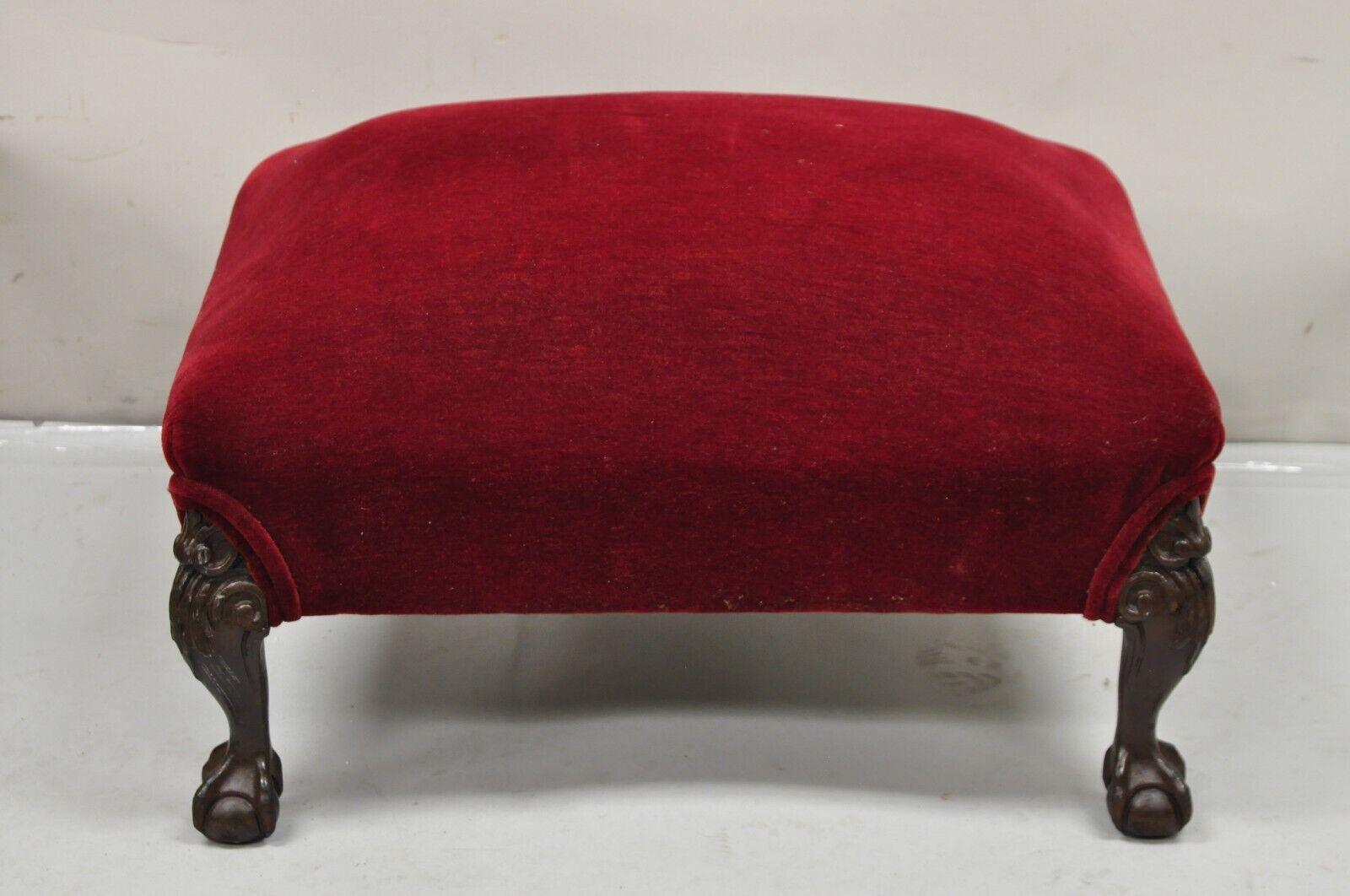 Antique Chippendale Style Mahogany Ball and Claw Carved Red Footstool Ottoman. item features red mohair upholstery, carved ball and claw feet, very nice antique item. Circa Early 20th Century. Measurements: 14