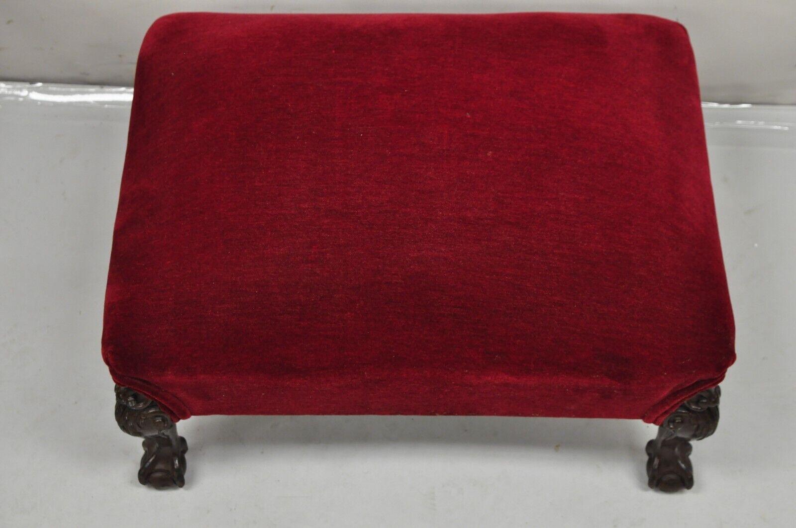 20th Century Antique Chippendale Style Mahogany Ball and Claw Carved Red Footstool Ottoman
