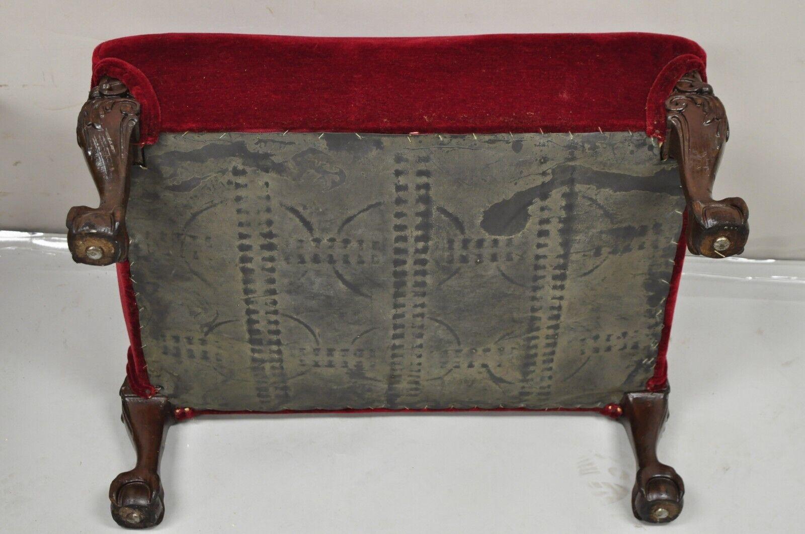 Antique Chippendale Style Mahogany Ball and Claw Carved Red Footstool Ottoman 2