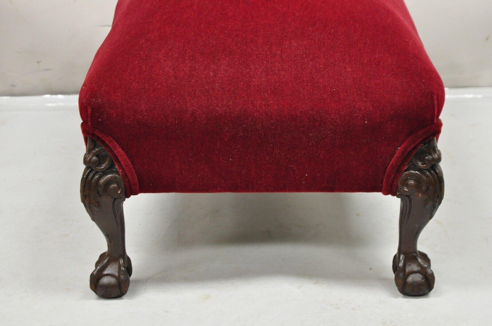 Antique Chippendale Style Mahogany Ball and Claw Carved Red Footstool Ottoman 3