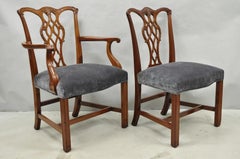 Antique Chippendale Style Mahogany Carved Fretwork Dining Chairs - Set of 10