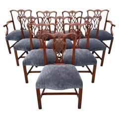 Antique Chippendale Style Mahogany Carved Fretwork Dining Chairs - Set of 10