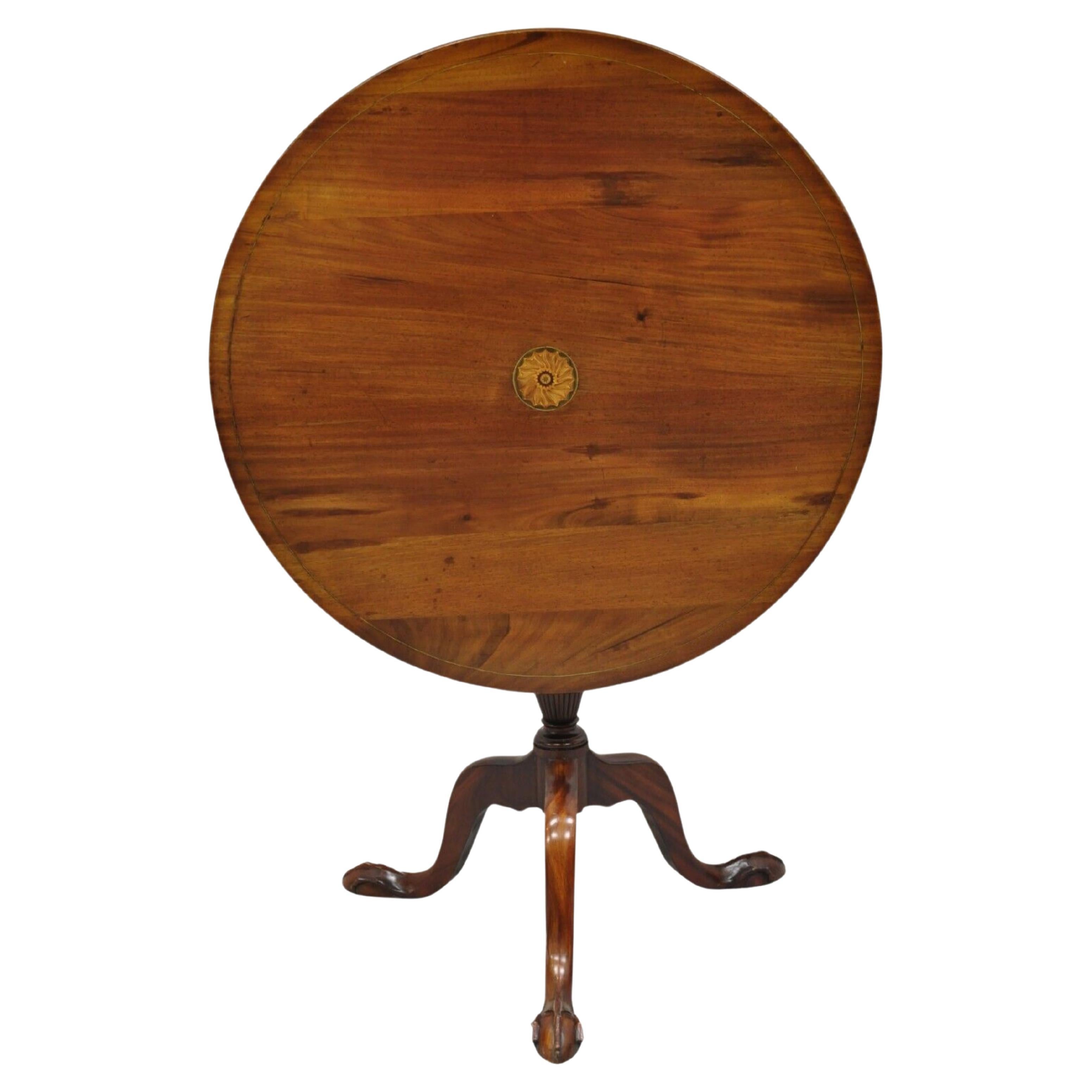 Antique Chippendale Style Round Tilt Top Pinwheel Inlay Ball and Claw Side Table For Sale