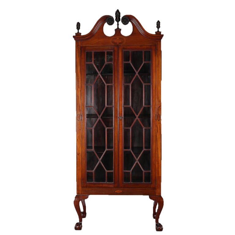 Antique Chippendale Style Satinwood Inlaid Mahogany China Display