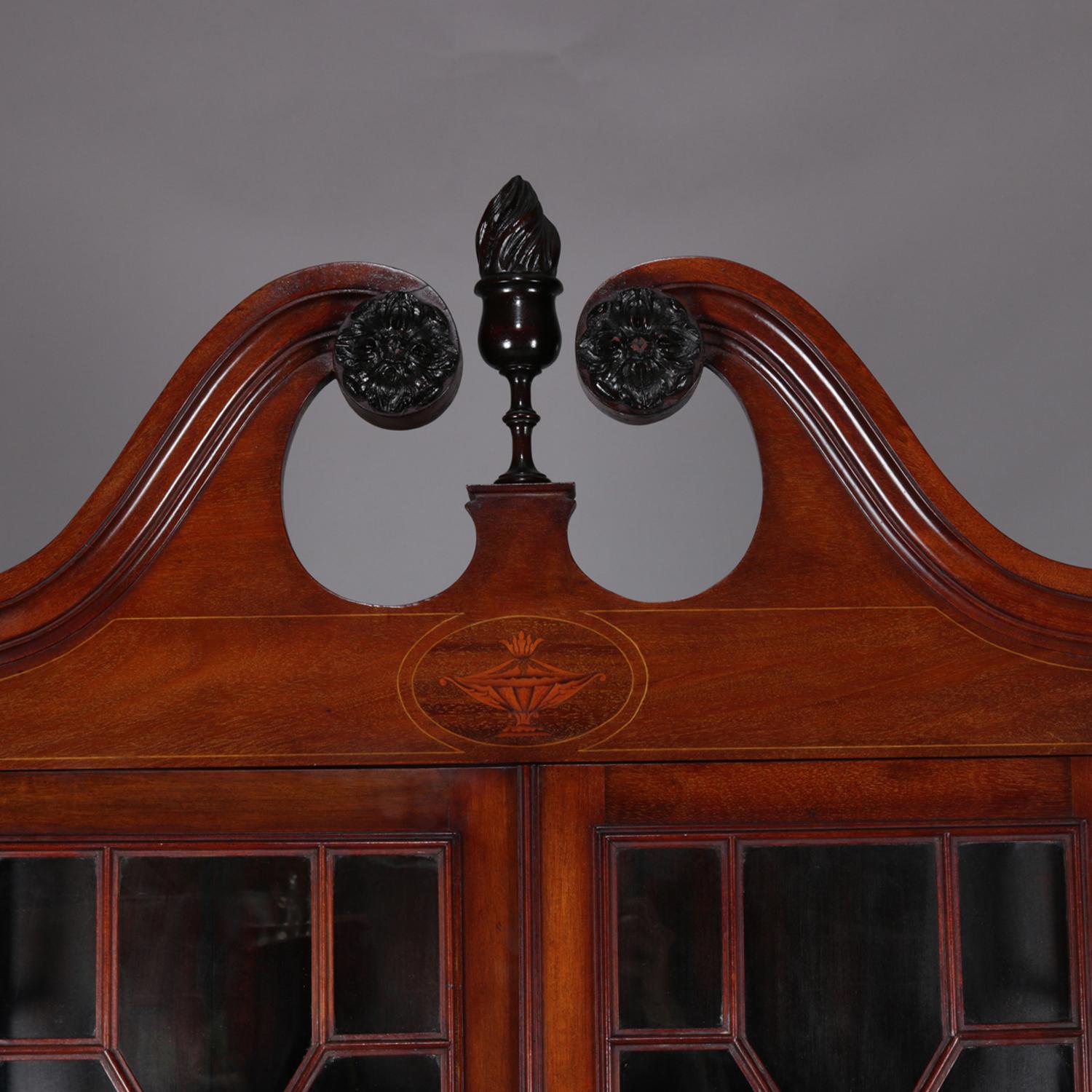 Carved Antique Chippendale Style Satinwood Inlaid Mahogany China Display Cabinet