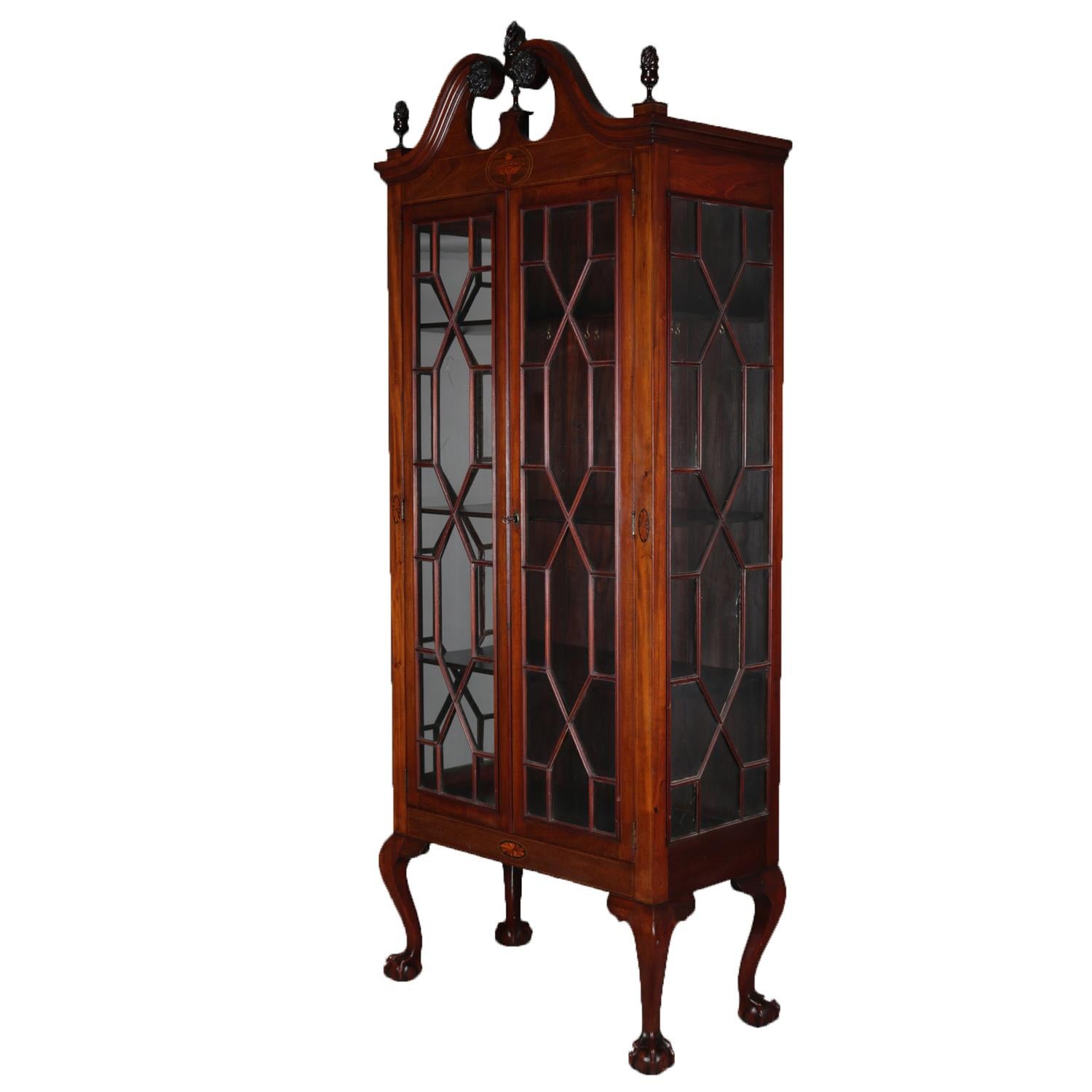 Antique Chippendale Style Satinwood Inlaid Mahogany China Display Cabinet