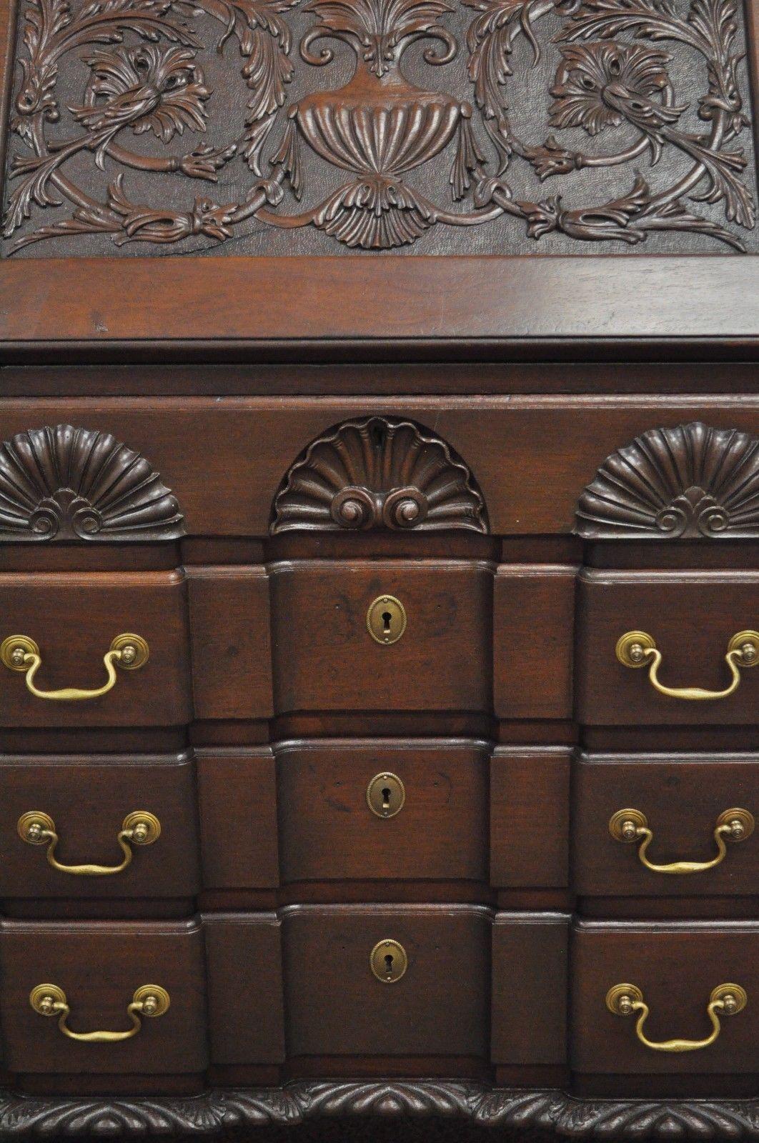 18th Century Antique Chippendale Style Shell Carved Mahogany Ball and Claw Drop Front Desk