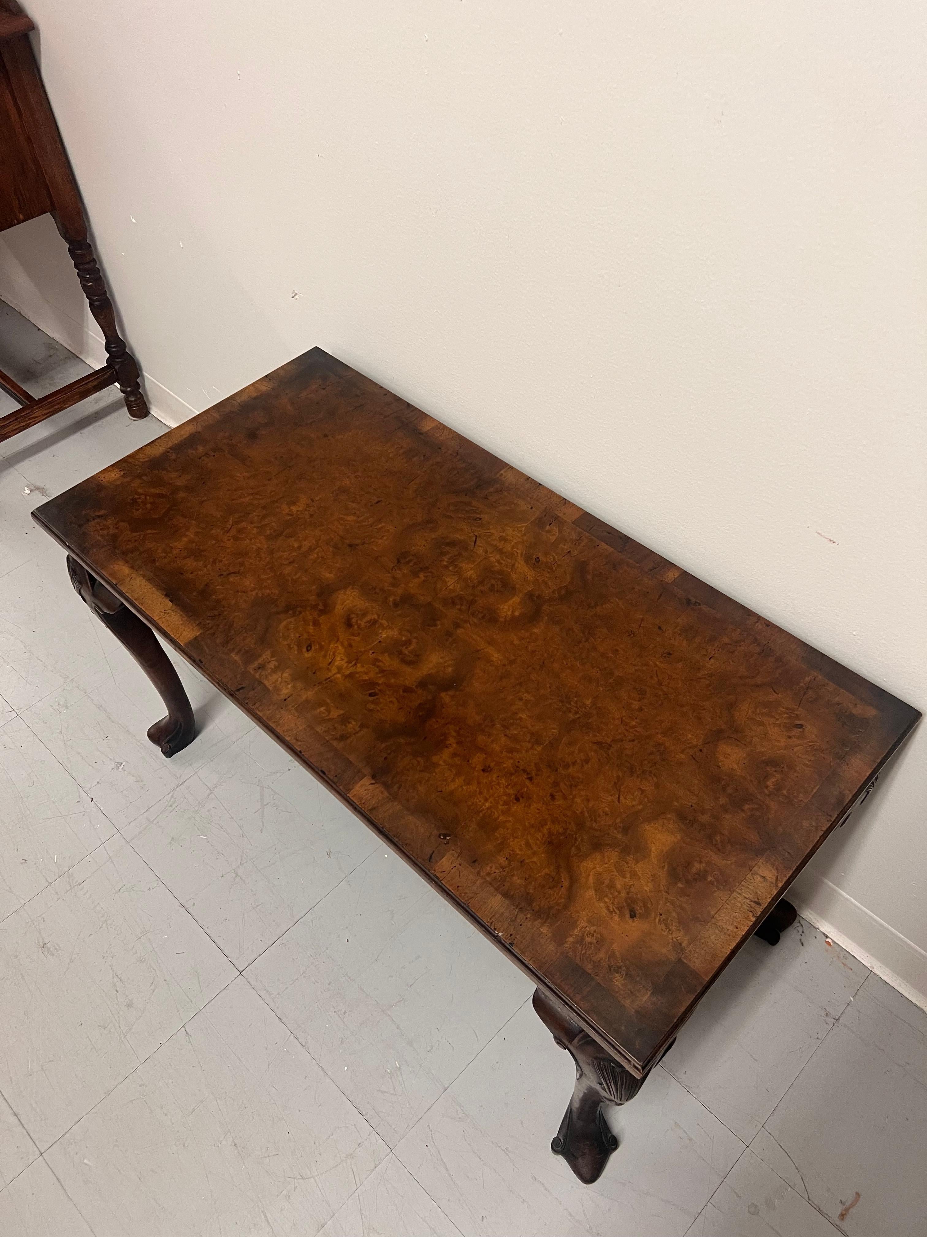 Antique Chippendale Style Coffee Table Book Matched Walnut Burl Top. UK Import For Sale 1
