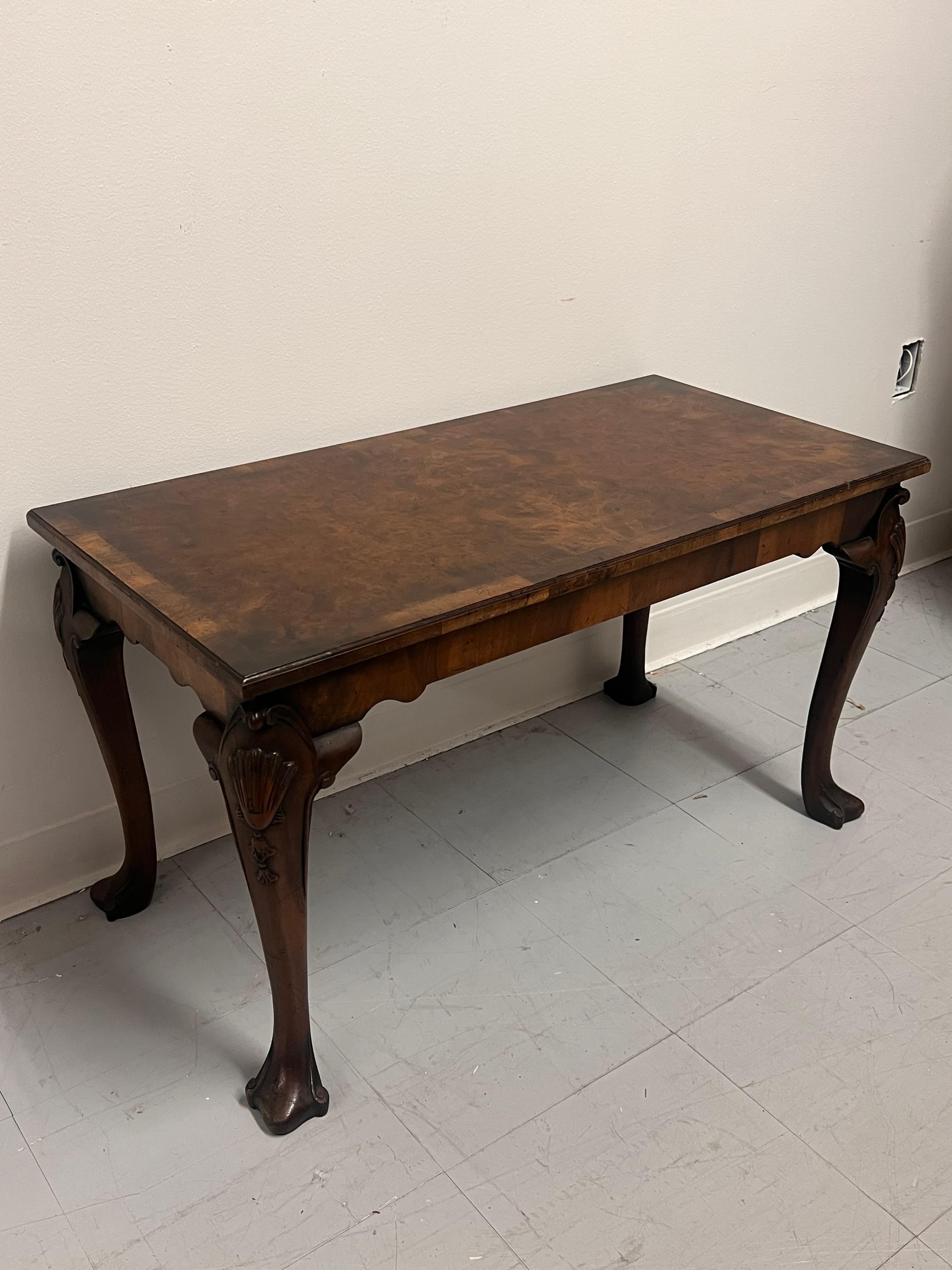 Antique Chippendale Style Coffee Table Book Matched Walnut Burl Top. UK Import For Sale 2