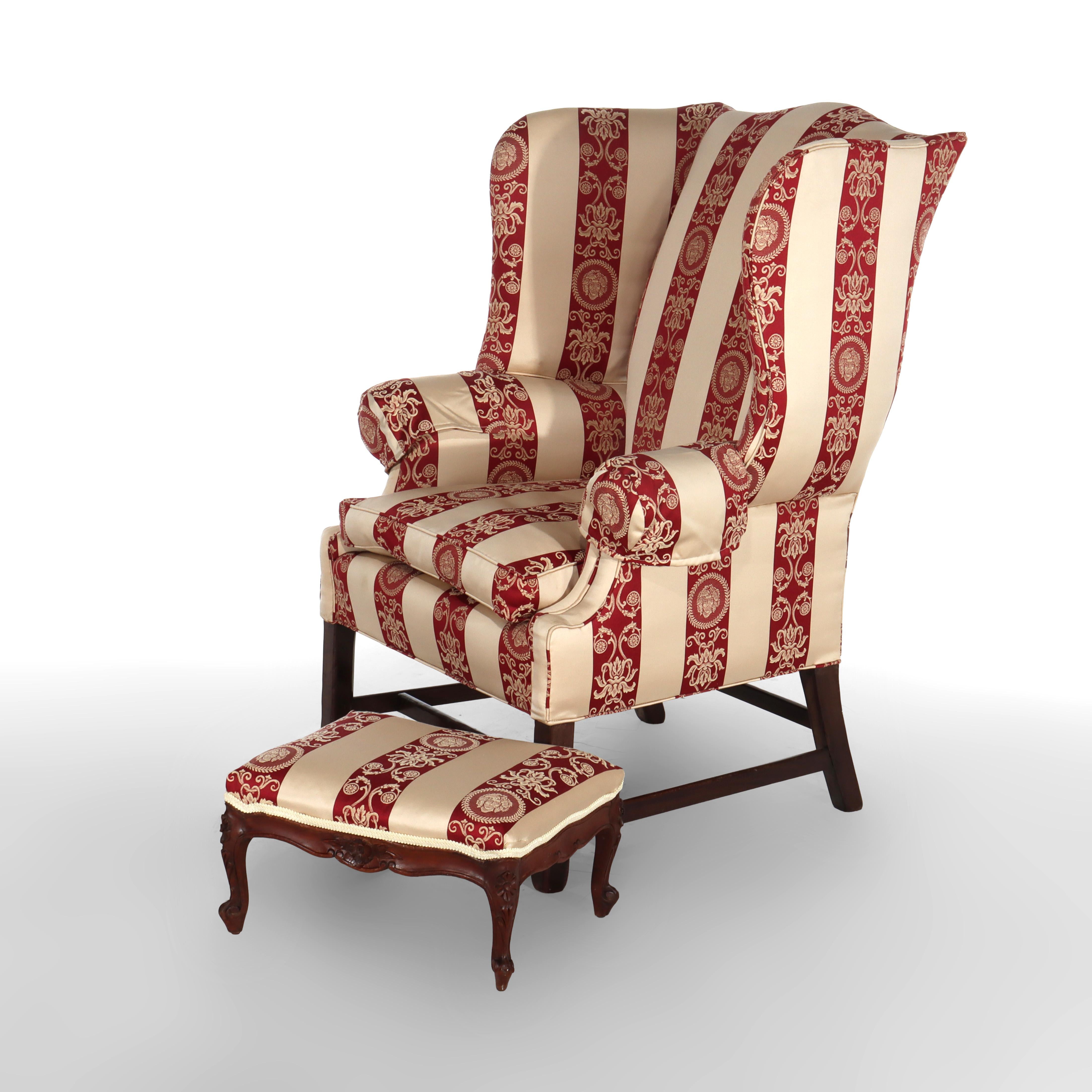 Antique Chippendale Wingback Feather Cushion Armchair & Footstool c1880 Bon état - En vente à Big Flats, NY