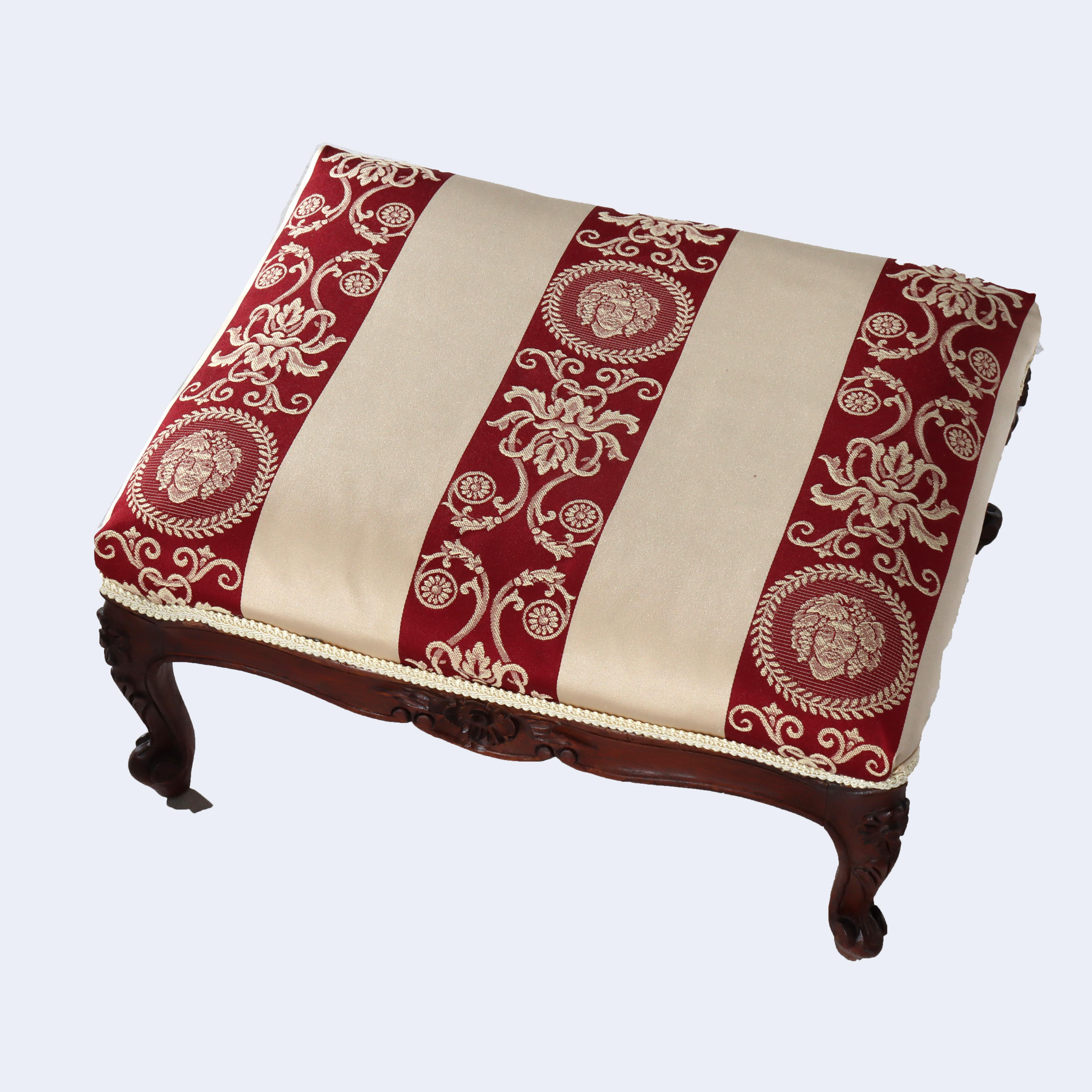 Tissu d'ameublement Antique Chippendale Wingback Feather Cushion Armchair & Footstool c1880 en vente