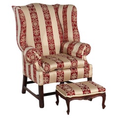 Antique Chippendale Wingback Feather Cushion Armchair 
Footstool c1880
