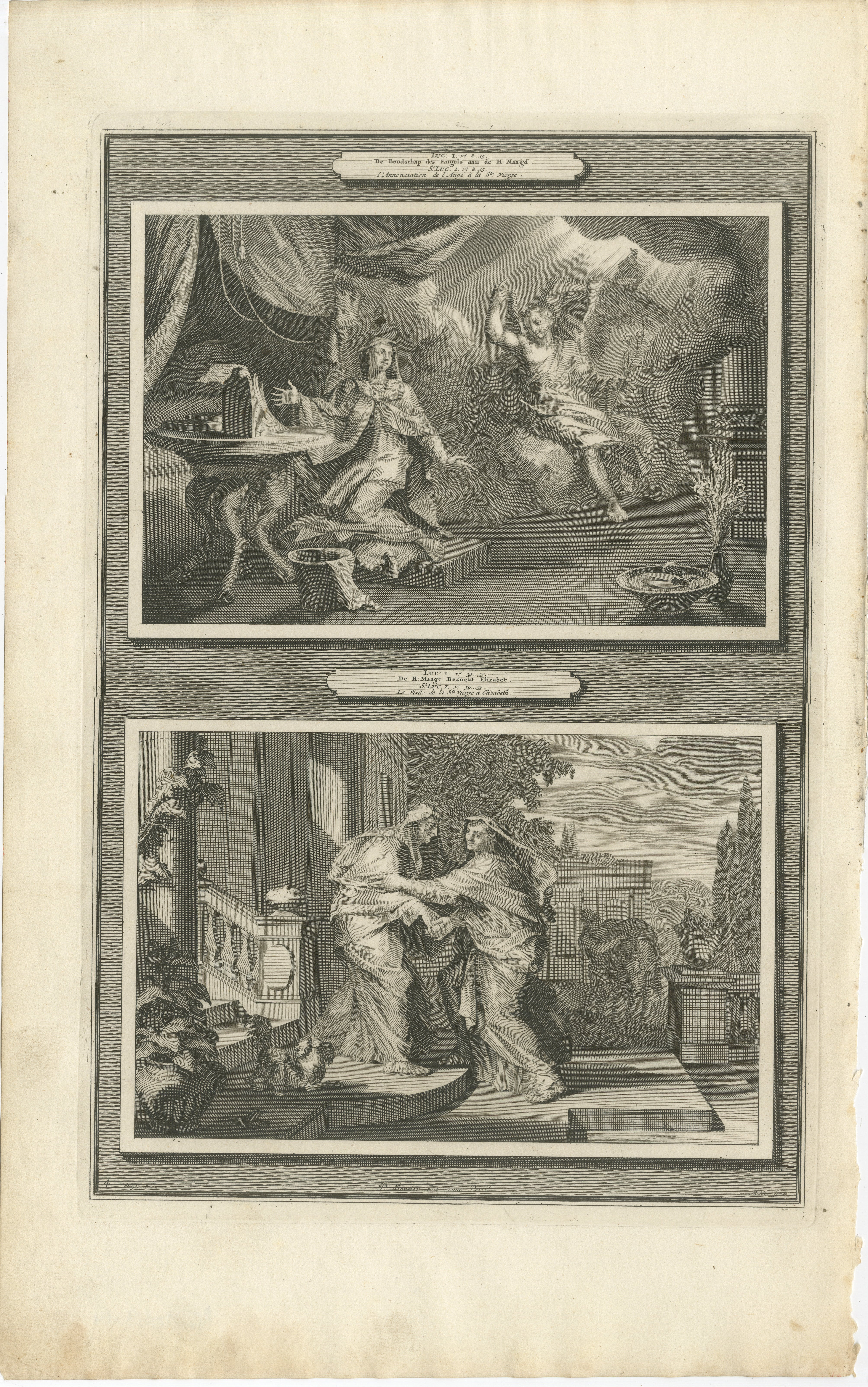 Annonciation et Visitation, Pieter Mortier, vers 1700

Gravure ancienne originale tirée de l'Histoire du Vieux et du Nouveau Testament, publiée à Amsterdam par Pieter Mortier vers 1700. Cette planche présente deux épisodes importants de l'Évangile