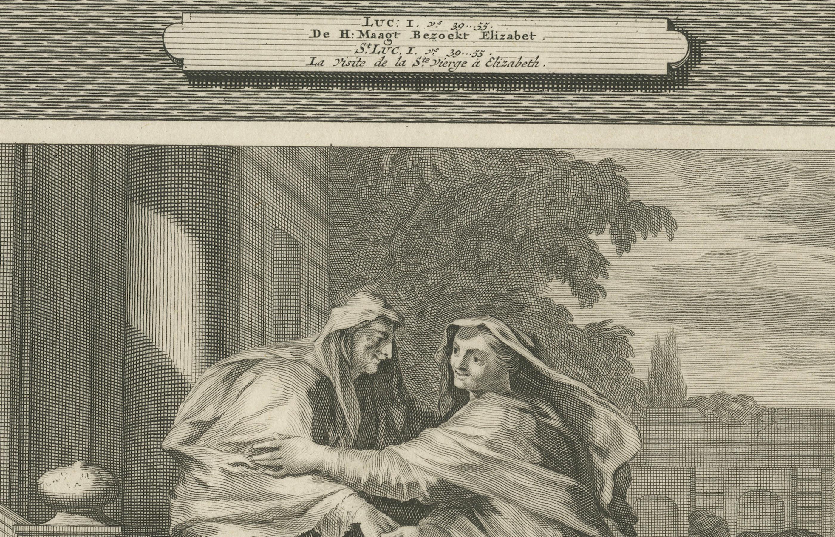 Gravé Gravure ancienne d'art chrétien - Annonciation de Marie et Visitation, Mortier 1700 en vente