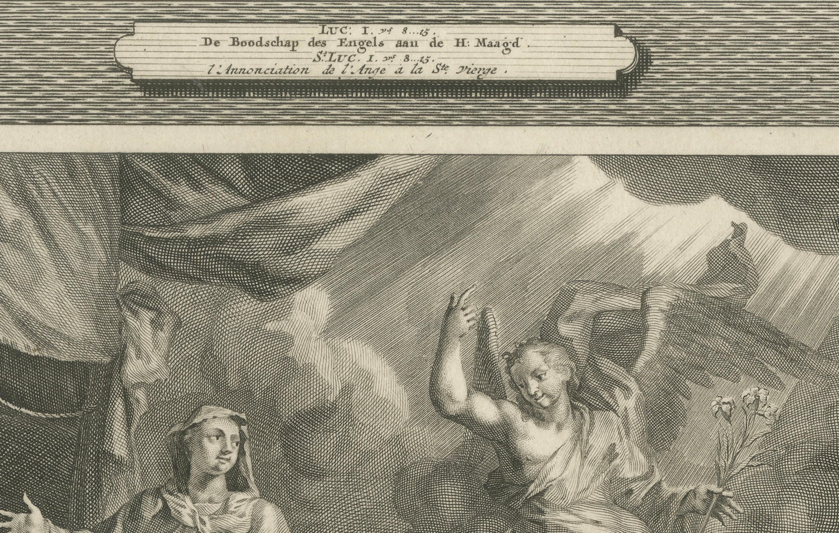 Début du XVIIIe siècle Gravure ancienne d'art chrétien - Annonciation de Marie et Visitation, Mortier 1700 en vente