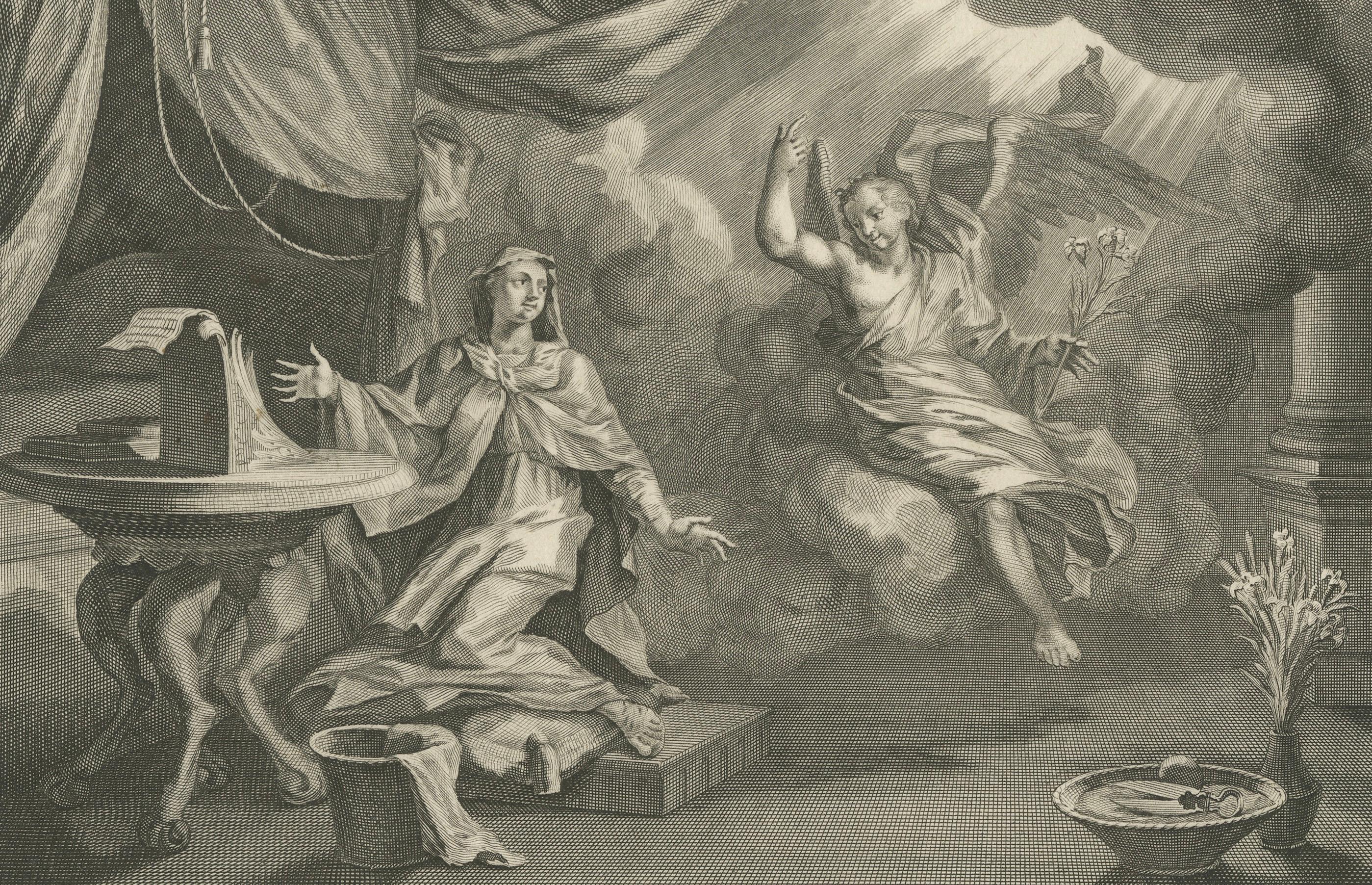 Papier Gravure ancienne d'art chrétien - Annonciation de Marie et Visitation, Mortier 1700 en vente