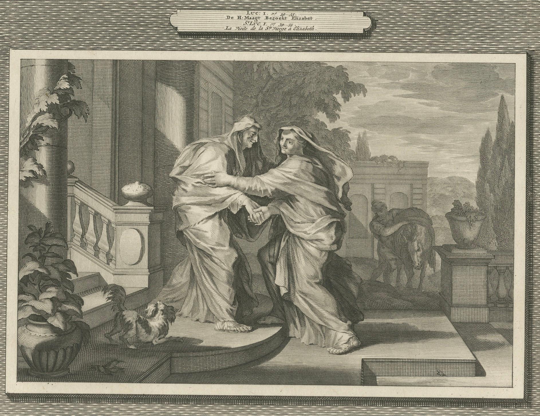 Gravure ancienne d'art chrétien - Annonciation de Marie et Visitation, Mortier 1700 en vente 1