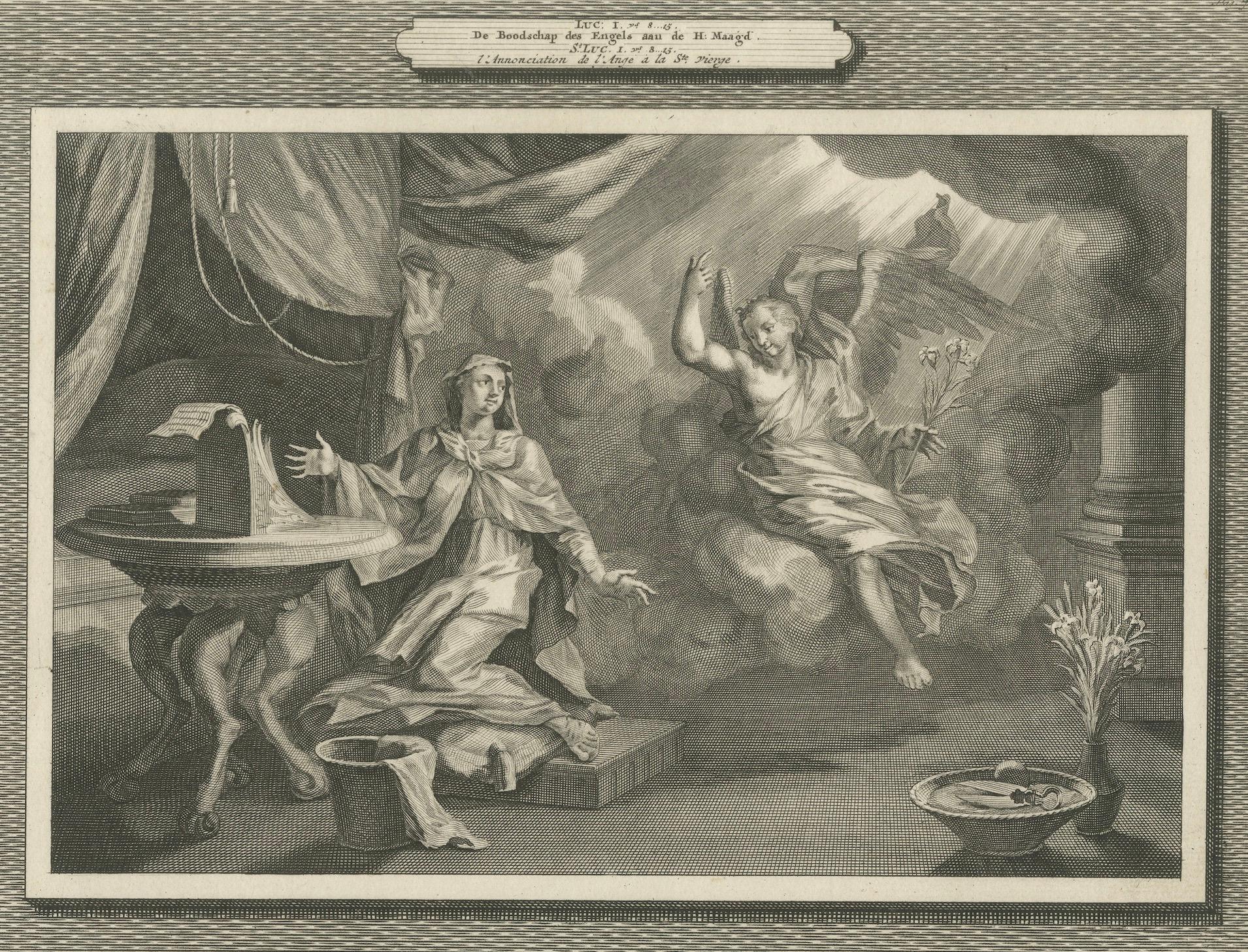 Gravure ancienne d'art chrétien - Annonciation de Marie et Visitation, Mortier 1700 en vente 2