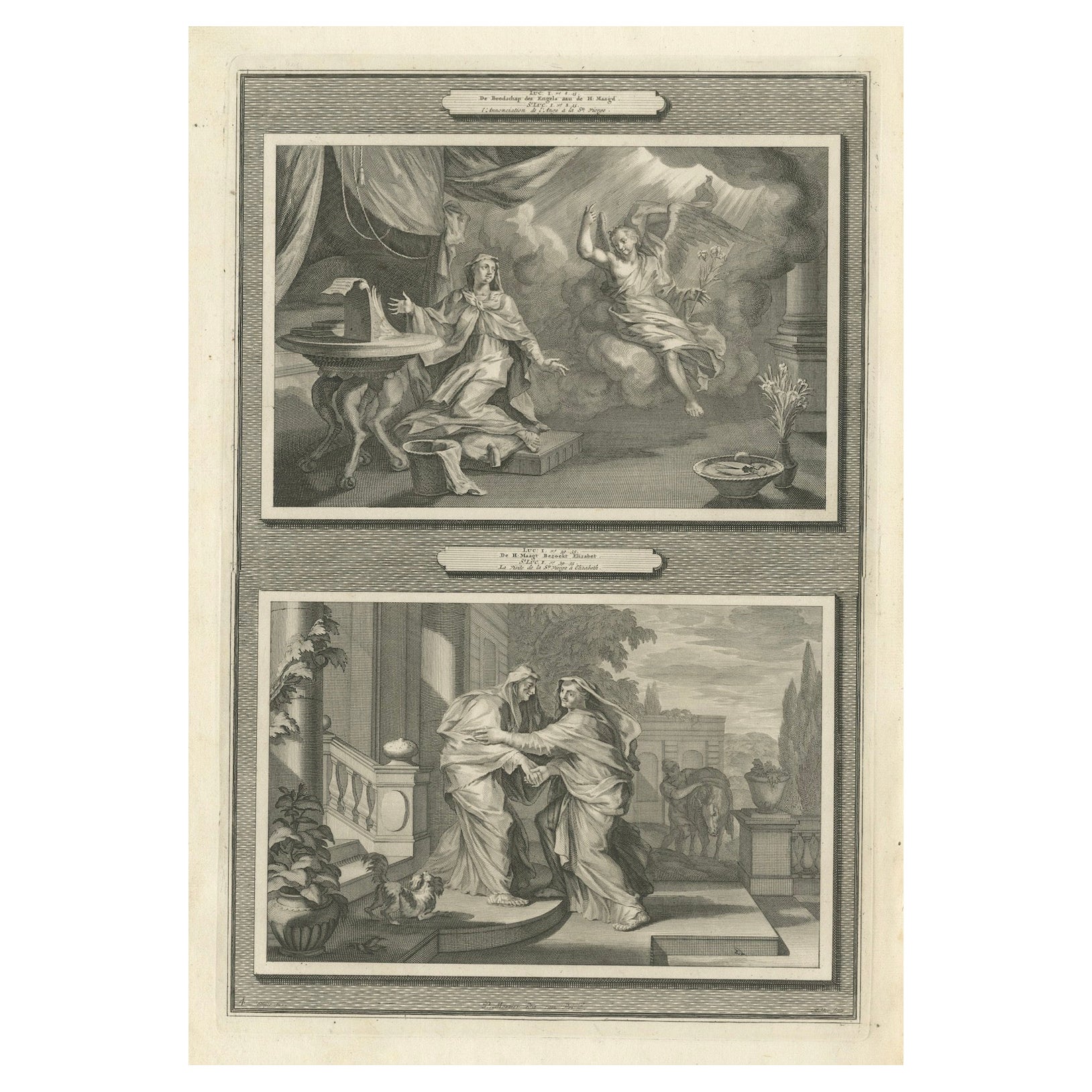 Antique Christian Art Print – Annunciation of Mary & Visitation, Mortier 1700