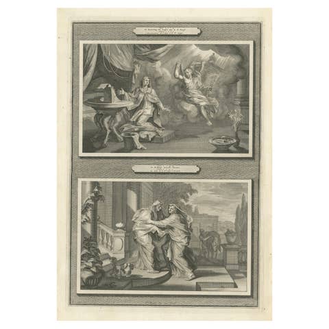 Antique Christian Art Print – Annunciation of Mary & Visitation, Mortier 1700