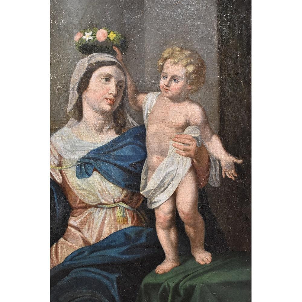 Il s'agit d'une œuvre d'art antique de peintures chrétiennes, portraits de la Madone et de l'Enfant Jésus en train de se placer.
une couronne de fleurs sur la tête, milieu du 19e siècle. A partir du 19ème siècle.

La Vierge Marie tient également