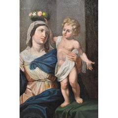 Antique Christian Paintings, Madonna and Child Jesus, Oil on Canvas, XIX