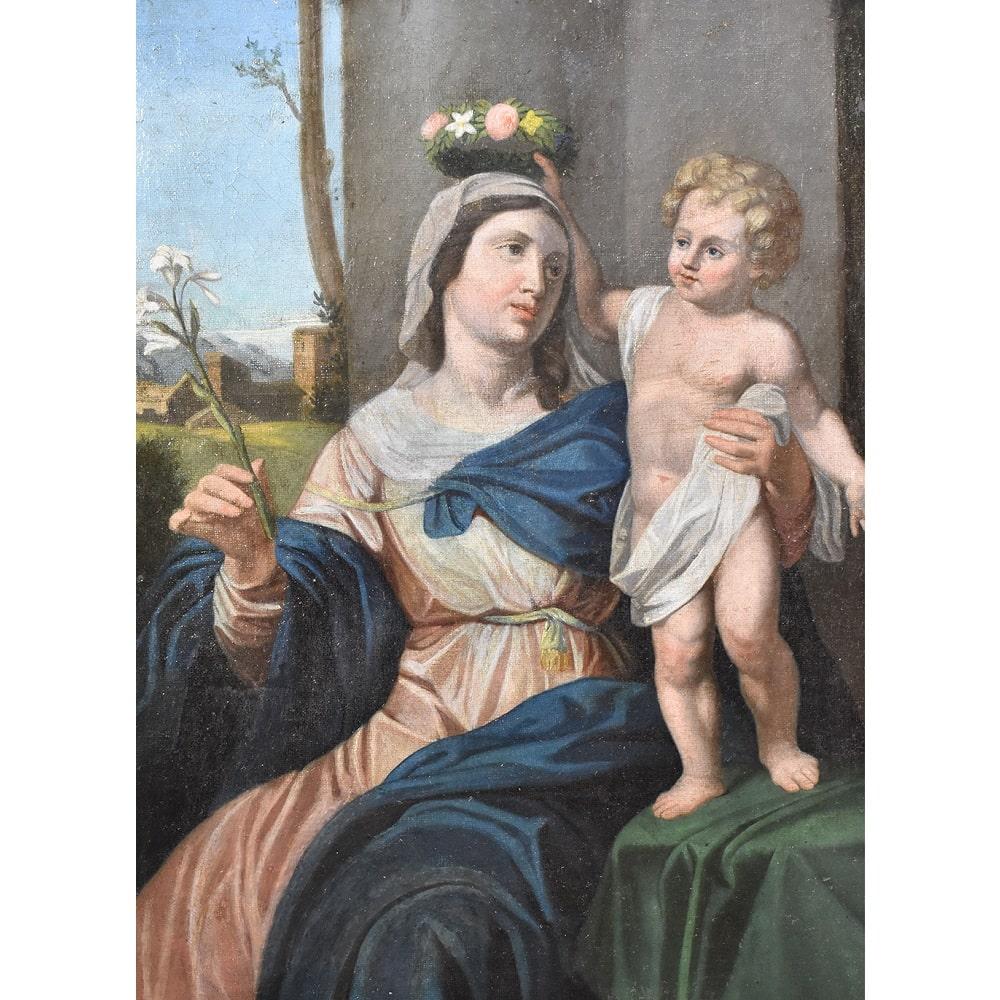 Français Peintures chrétiennes anciennes, Madonna et enfant Jésus, huile sur toile, XIXe siècle en vente