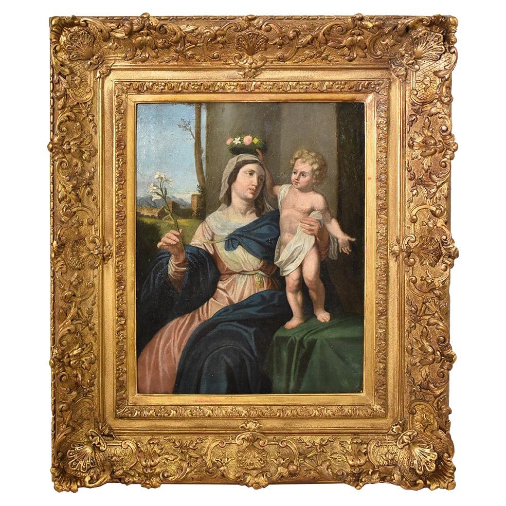 Antique Christian Paintings, Madonna and Child Jesus, Oil on Canvas, XIX For Sale