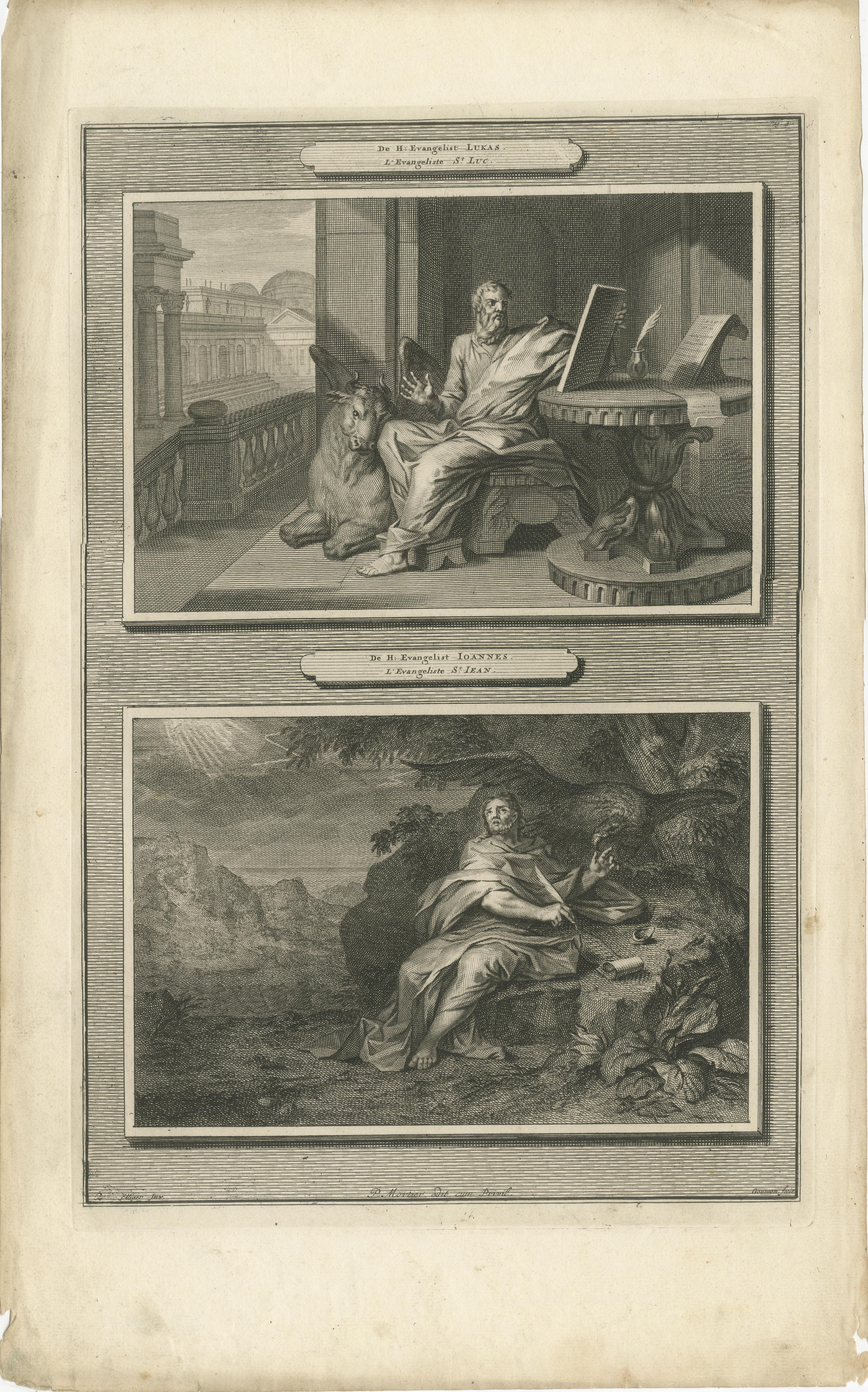 Evangelisten Lukas und Johannes, Pieter Mortier, ca. 1700

Antiker Originalstich aus *Histoire du Vieux et du Nouveau Testament*, veröffentlicht in Amsterdam von Pieter Mortier um 1700. Auf dieser Tafel sind zwei der vier Evangelisten im Porträtstil