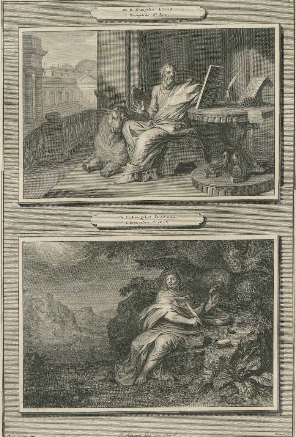 Antike christliche Wandkunst - Evangelisten Lukas und Johannes, Mortier ca.1700 (Niederländisch) im Angebot