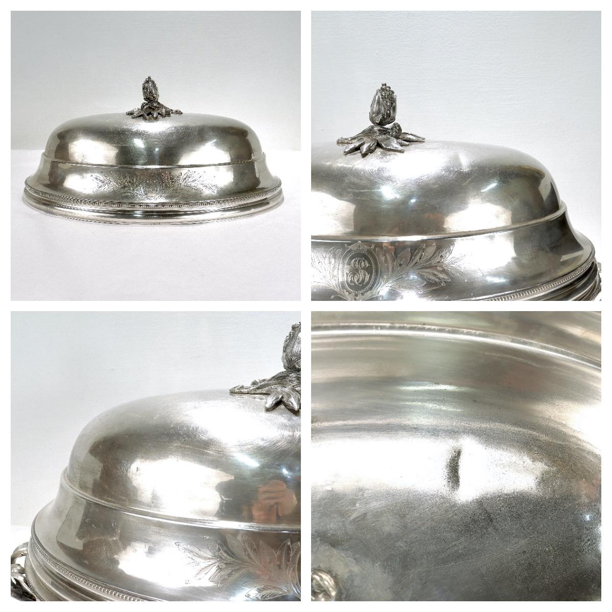 Antique Christofle Silver Plated Food Warmer / Tureen & Covered Dome For Sale 10