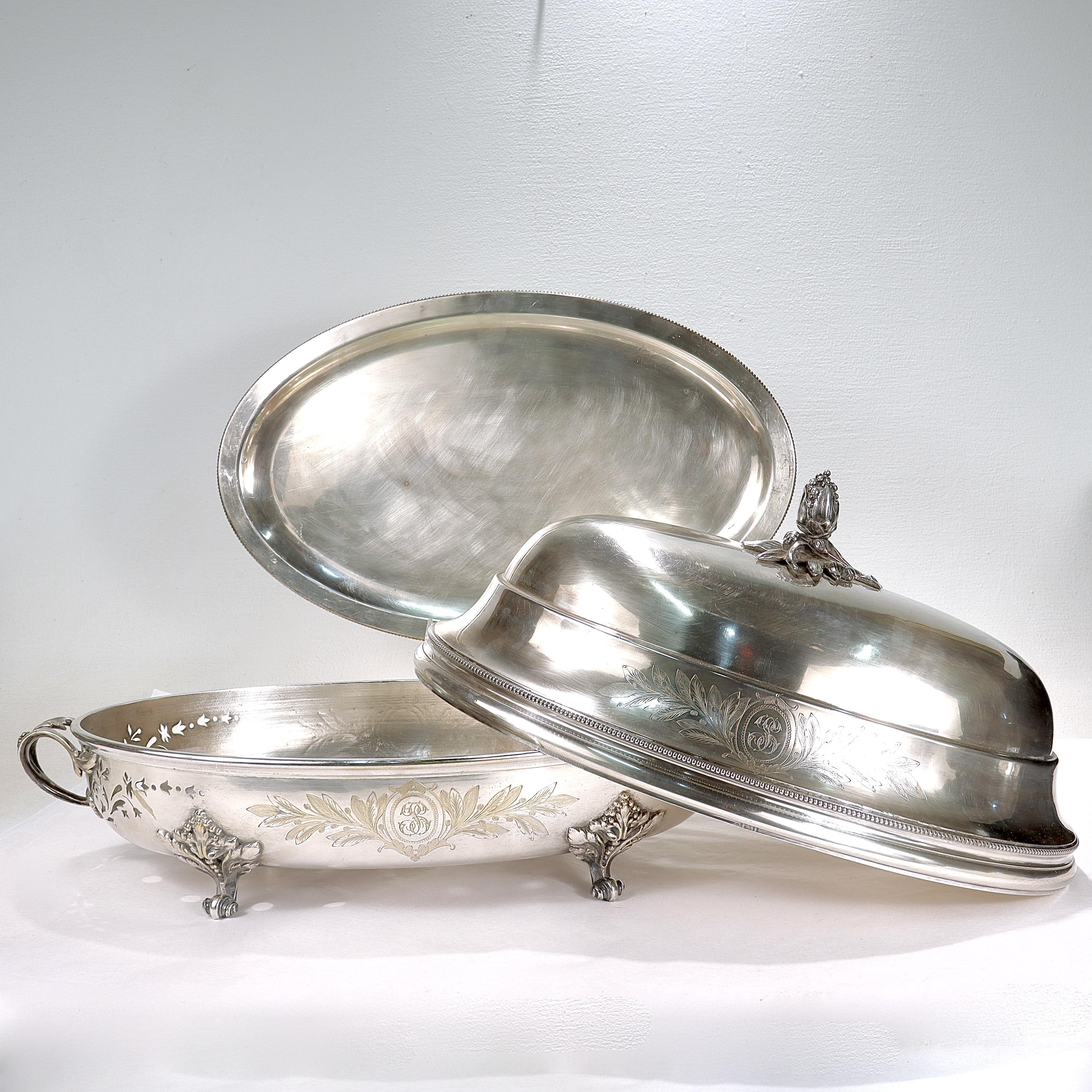 Antique Christofle Silver Plated Food Warmer / Tureen & Covered Dome For Sale 1