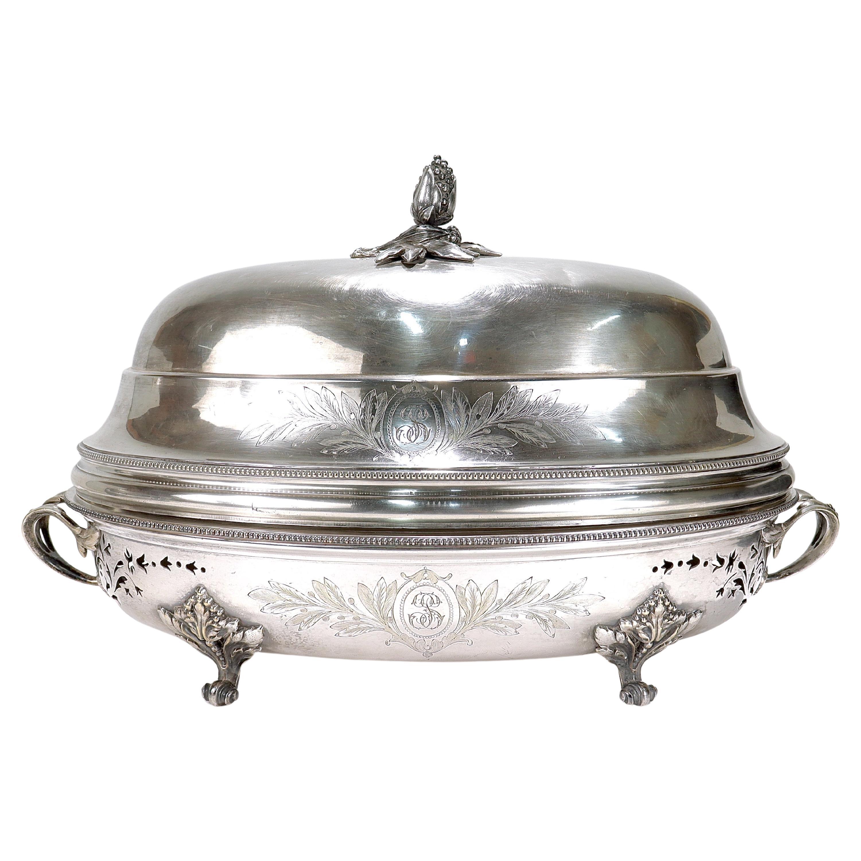 Antique Christofle Silver Plated Food Warmer / Tureen & Covered Dome For Sale