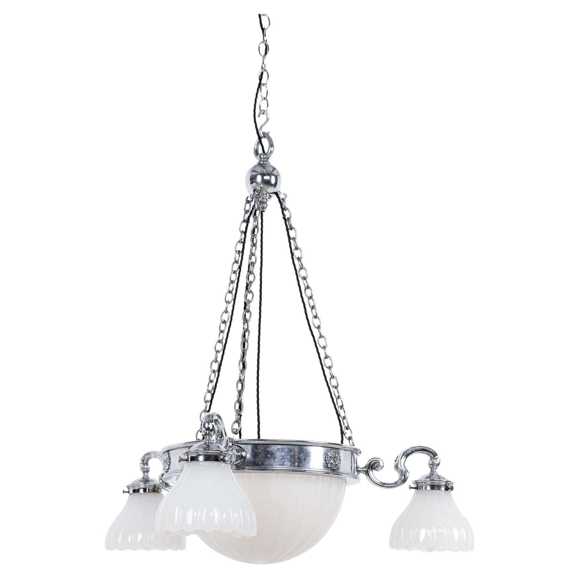 Antique Chrome GEC Moonstone Glass Chandelier Pendant Light, C.1930