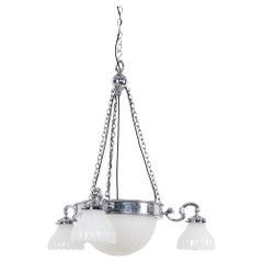 Antique Chrome GEC Moonstone Glass Chandelier Pendant Light, C.1930